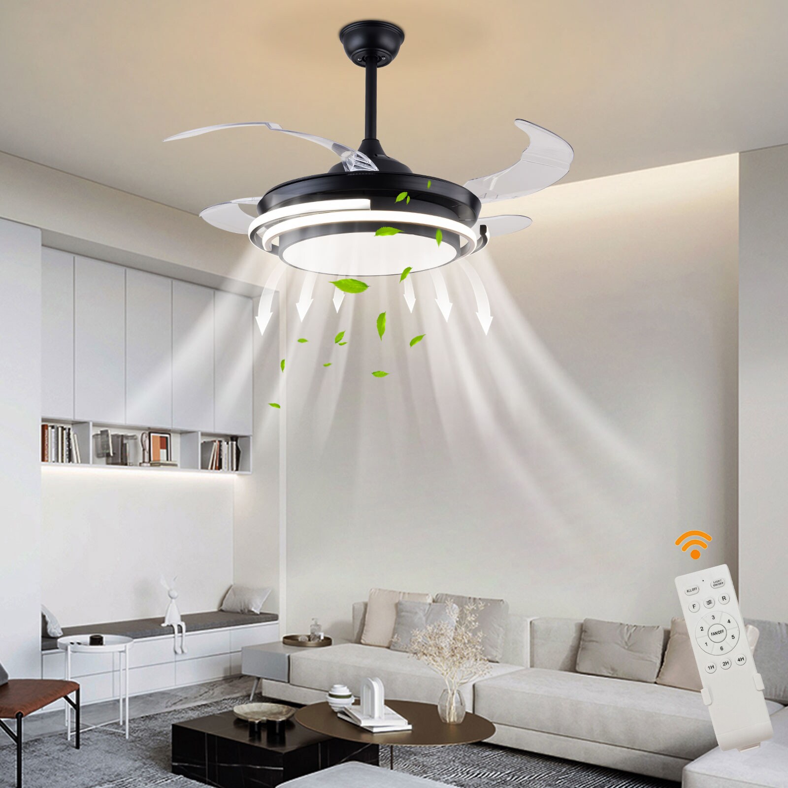 Ceiling Fan W/ Lights 42'' Retractable high quality Blades Reversible Remote 6 Speeds Black