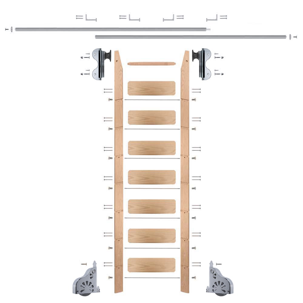 Quiet Glide QG.510-8RO-08-H.04 8 ft. Red Oak Library Ladder Polished Chrome Rolling Hook Ladder Kit with 8 ft. Rail and Horizontal Brackets