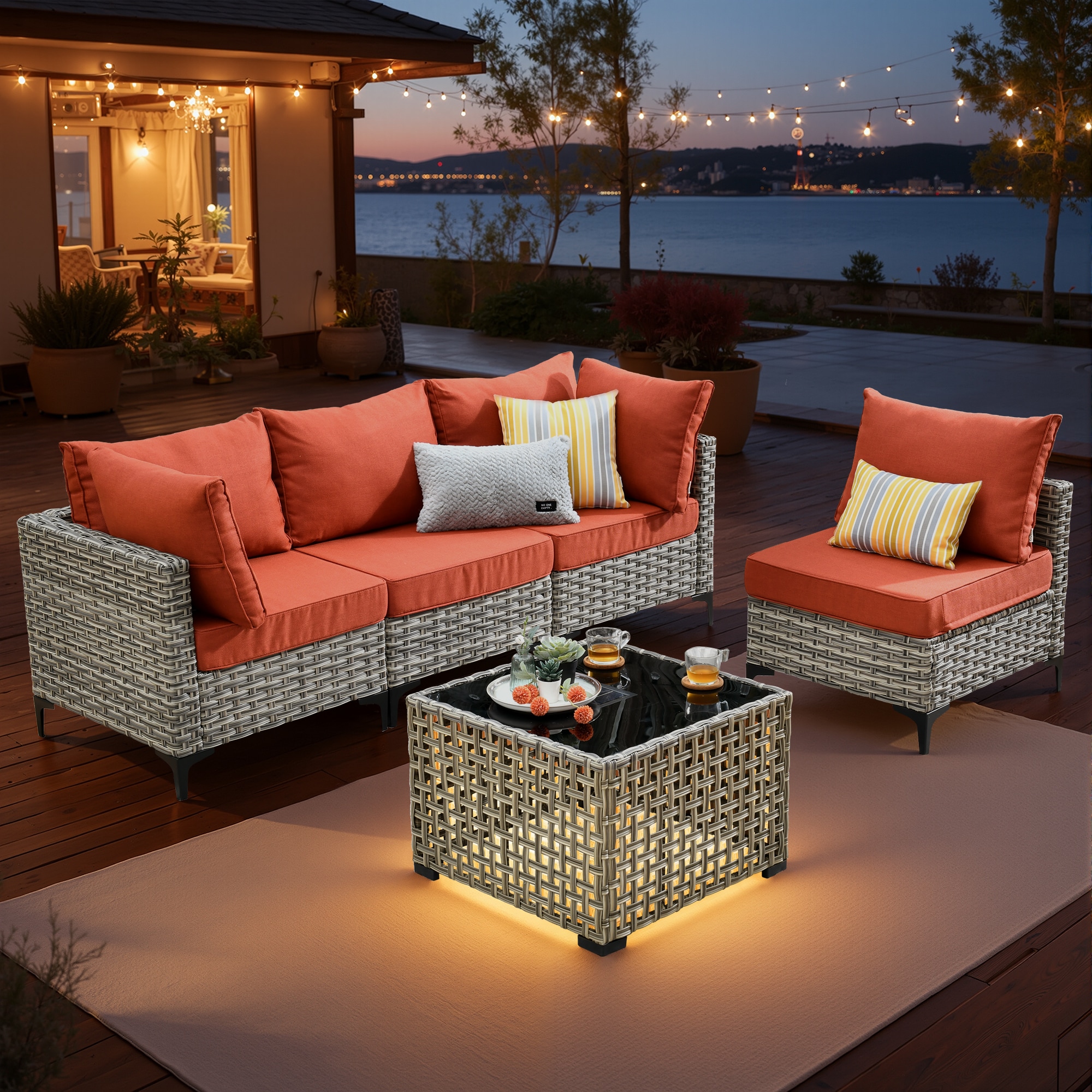 ALTRIGUS 6L-SKT80C5-AL 5 -Piece Wicker Patio Sofa Conversation Set with Orange Cushions