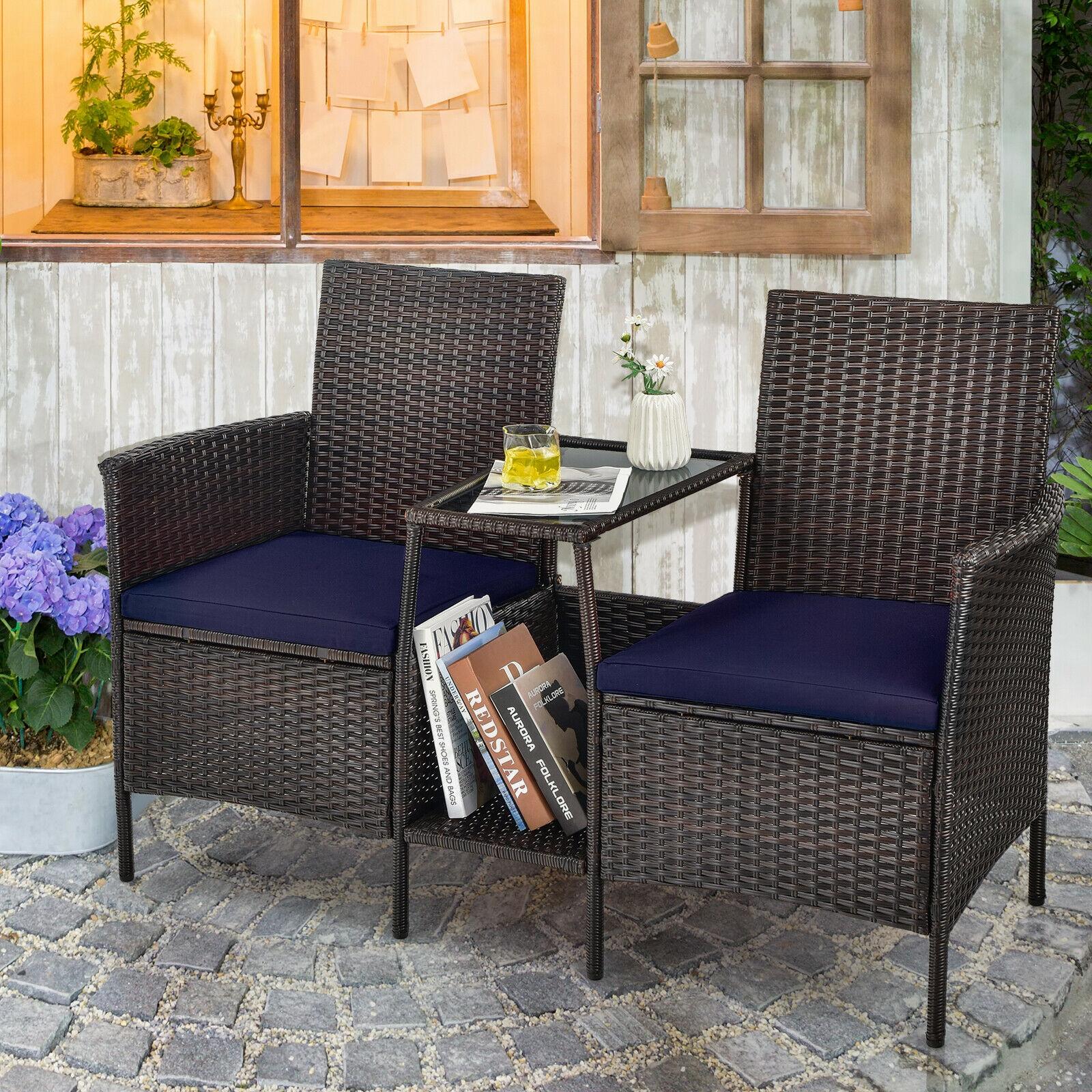 BABOOM BOM-8786NY-CO Rattan Furniture Set Rattan Outdoor Loveseat with Navy Cushions and Steel Frame