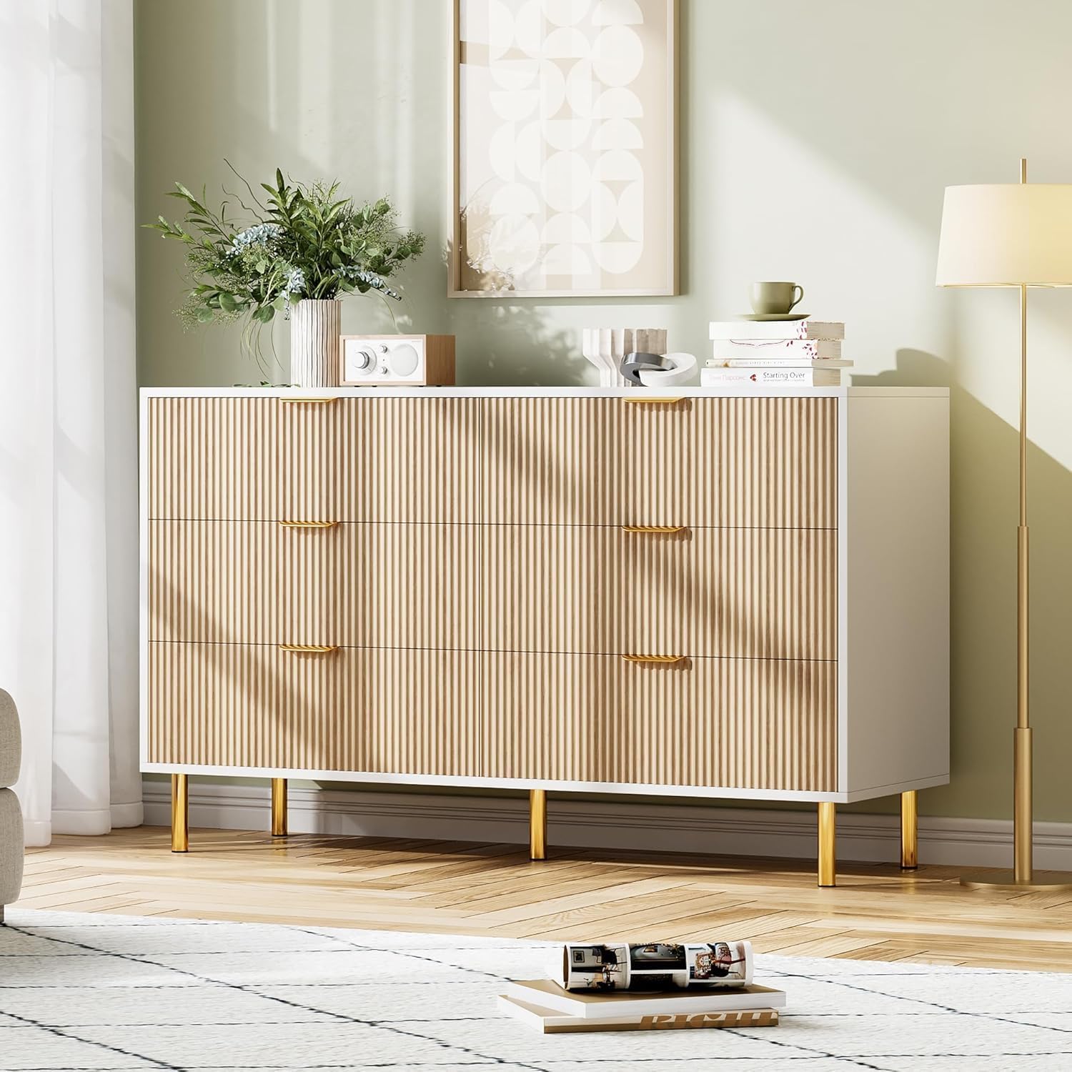 Qeetex LHF-DG-PHO-16P209RD 6 Drawer Dresser for Bedroom - Large Chest of Drawers - Modern Wood Storage Dresser Organizer with Gold Metal Handles and Anti-Tipping Device for Hallway/Entryway - Natural