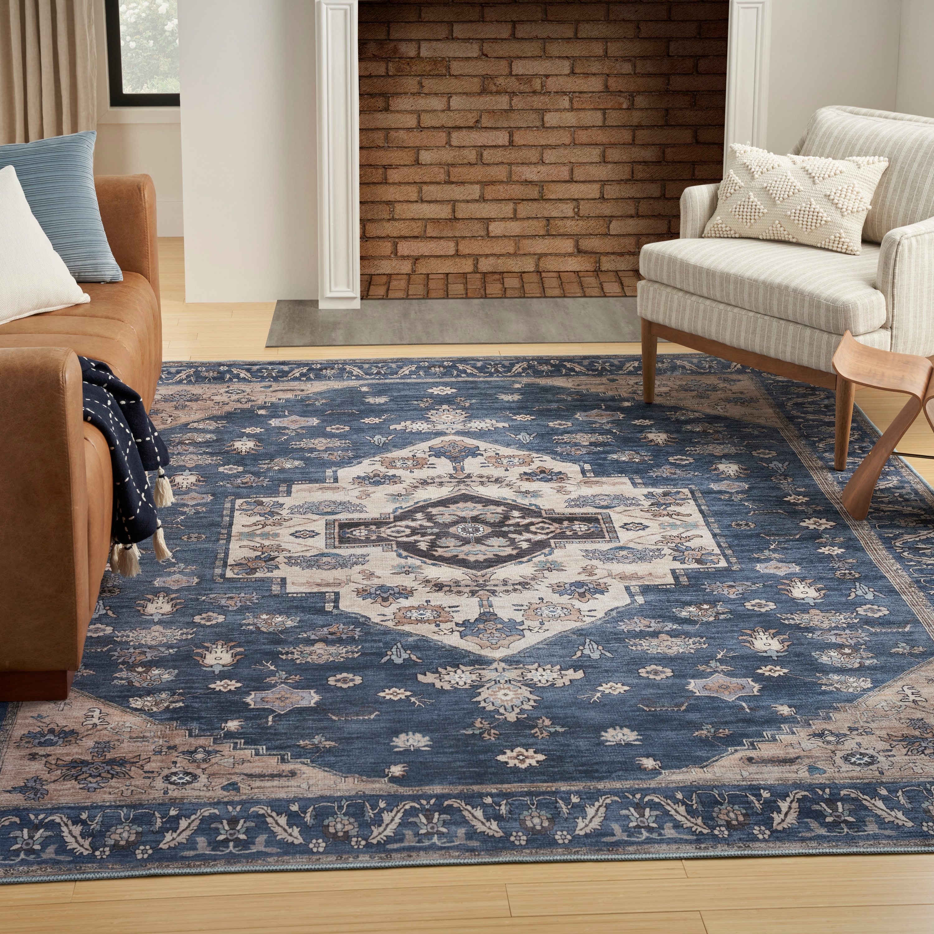 Nourison 099446914217 Brilliance Machine Washable 5 x 7 (ft) Loomed Polyester Denim Rectangular Indoor Floral/Botanical Vintage Machine washable Area rug