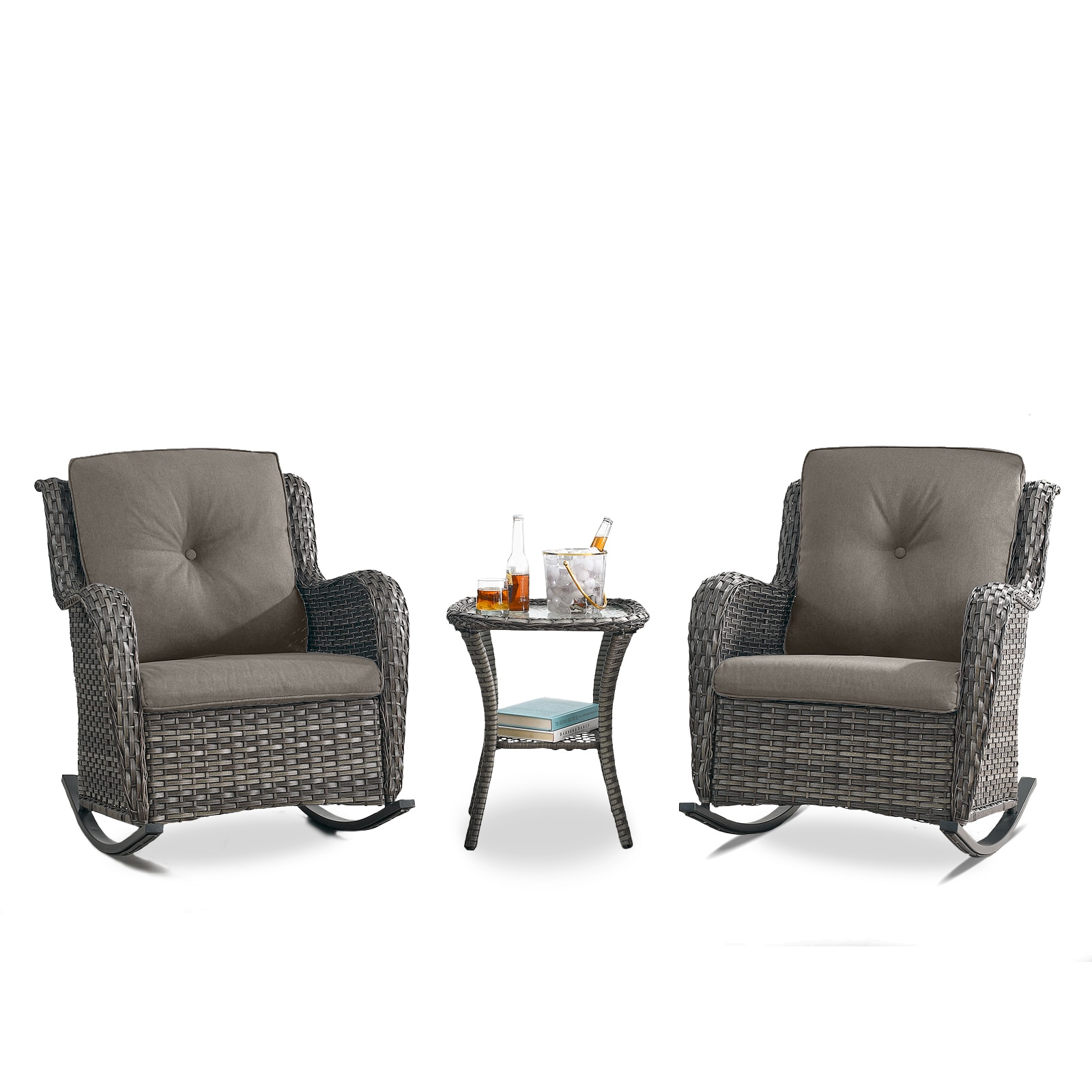 Rilyson FS102025-2 Curved handrail Set of 2 Wicker Gray Wicker Frame Rocking Chair with Gray Gray Cushioned Seat