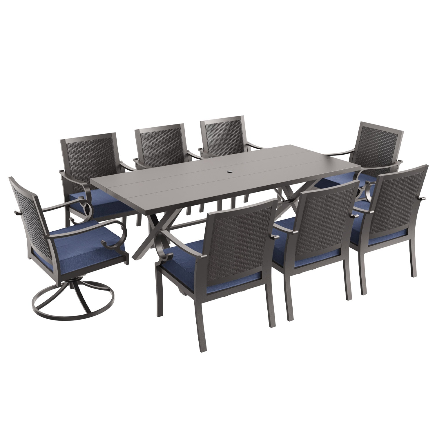 ALAULM LS-6&2DM-NAVY 9 -Piece Brownish Black Patio Dining Set Iron Rectangle Table with 8 Blue Cushions Stackable Swivel Rocker Chairs