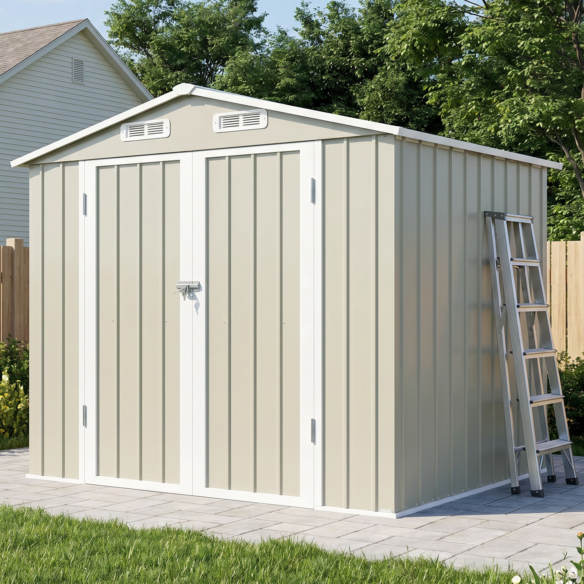 Misty Moon 8-ft x 6-ft Off-White Gable Galvanized Metal Outdoor Storage Shed Lockable Double Doors Four Air Vents Tall Walk In Weatherproof Backyard Garden Utility Storage Sheds