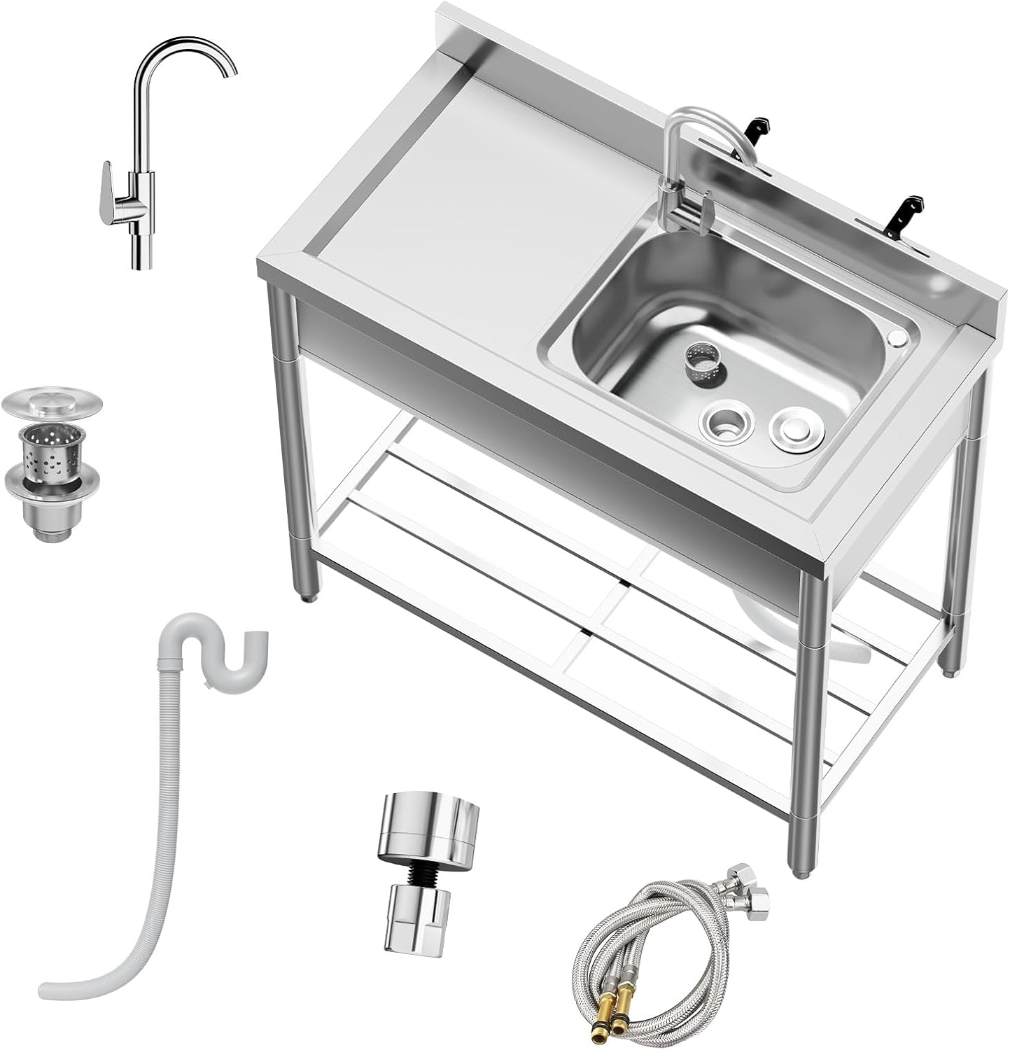 Qeetex LHF-SC-QPVP09015 Utility Sink 39x20x37 Inch - Outdoor Sink with 360 Rotating Faucet - Hot and Cold Water Pipes/Cabinet - Stainless Steel Free Standing Sink for Laundry/Kitchen/Outdoor/Garage/Restaurant