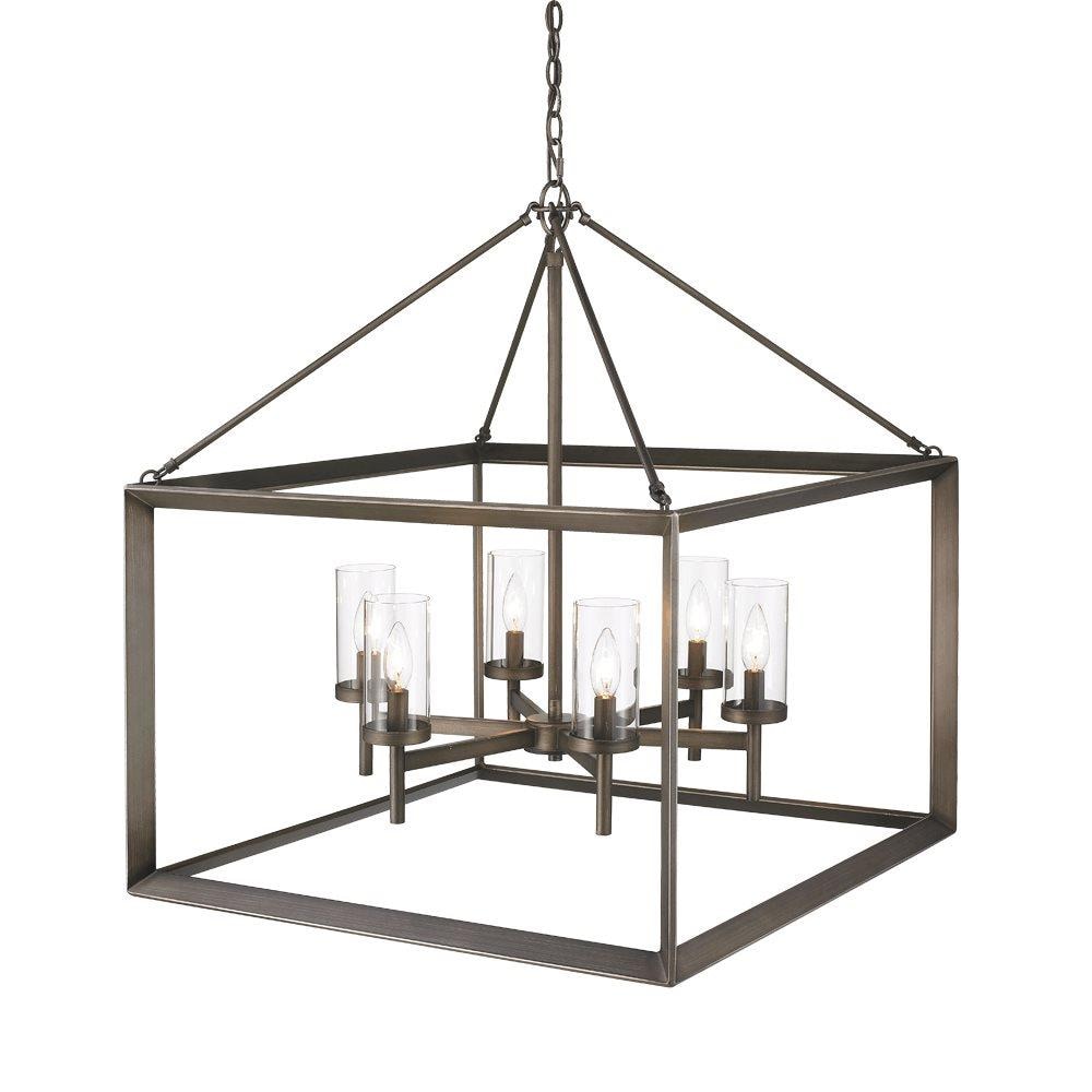 Contemporary Beveled Cage 6-Light Bronze Chandelier with Clear Glass