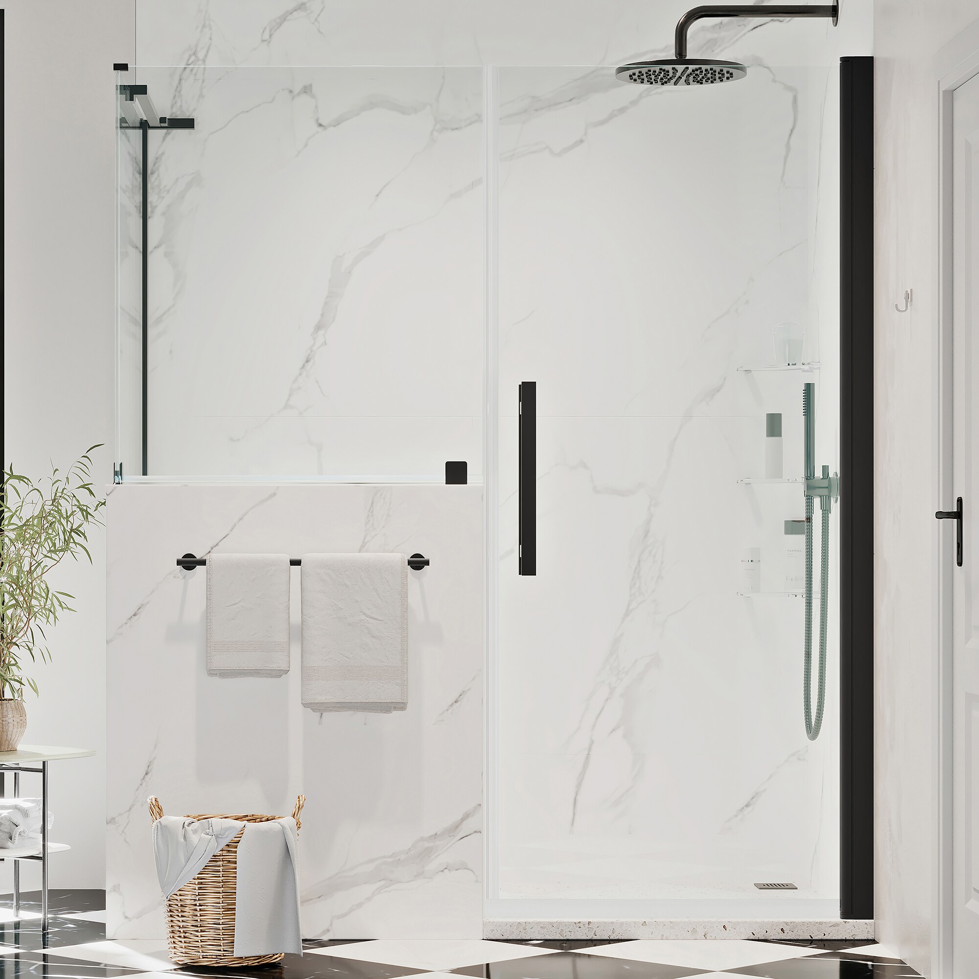 OVE Decors 828796074889 Pasadena Matte Black 67-3/4-in to 68-1/4-in W x 72-in H Frameless Pivot Shower Door