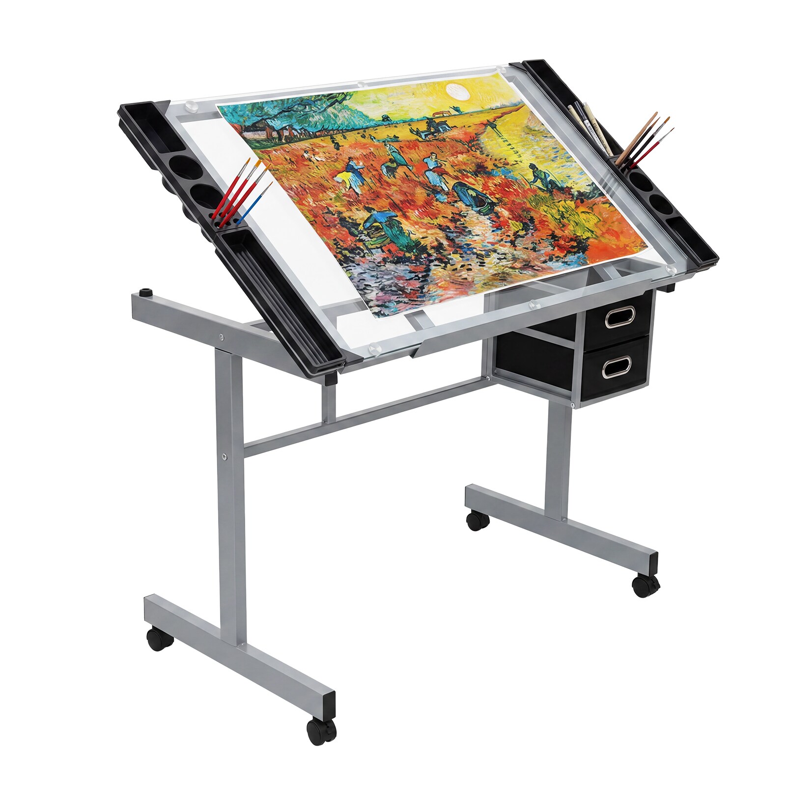 IdealHouse Adjustable Glass Drafting Table - 0-65 Degree Tilting Tabletop 2 Storage Drawers 4 Rolling Wheels - Multifunctional Art Computer Desk for Artists Designers Home Office - Silver Gray