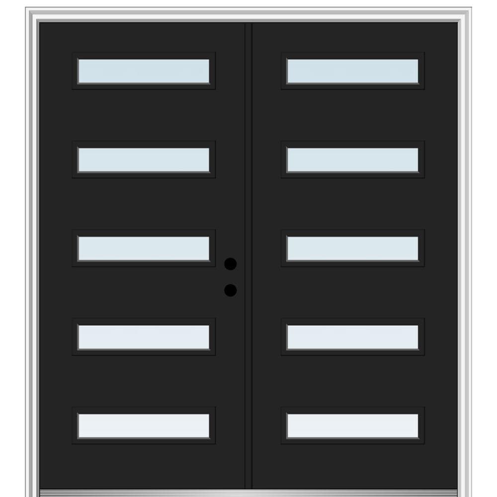 MMI DOOR ZZ349141L Spotlights 72-in x 80-in x 6-9/16-in Fiberglass Full lite Left-hand inswing Black Painted Prehung Double Front Door with Brickmould Insulating core