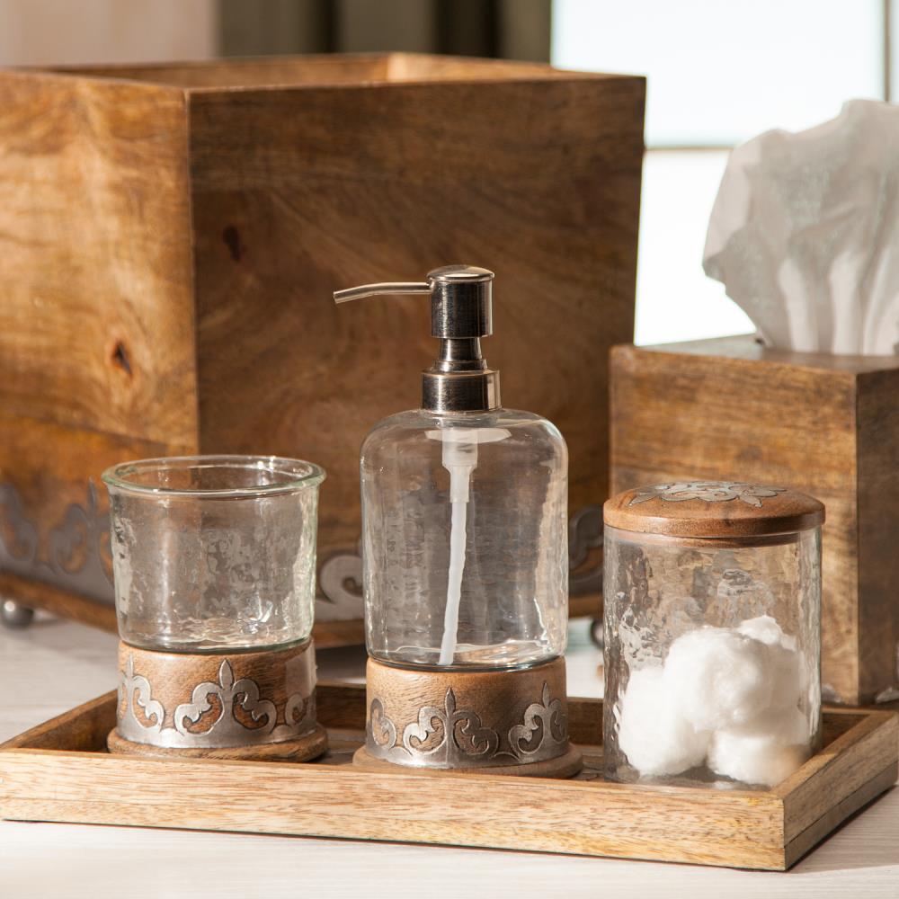 wood and glass bathroom accessories