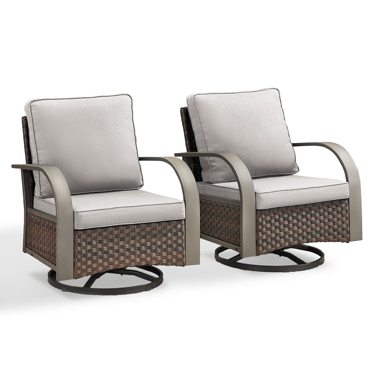 Rilyson FSTZB20-2 B-Bend Set of 2 Wicker Brown Wicker Frame Swivel glider Conversation Chair with Off-white Beige Cushioned Seat
