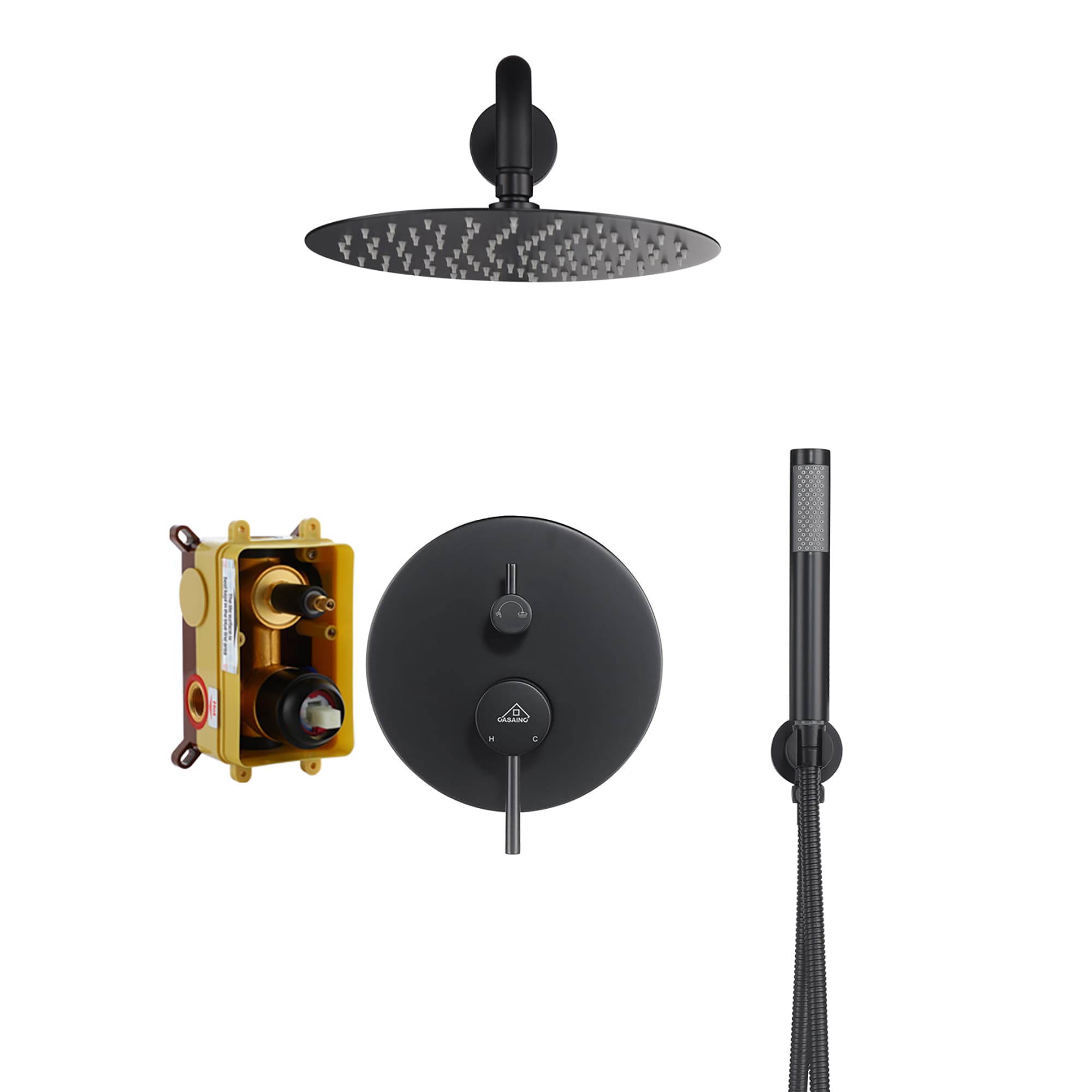 CASAINC Black Waterfall Built-In Shower Faucet System with 2-way Diverter Pressure-balanced Valve Included