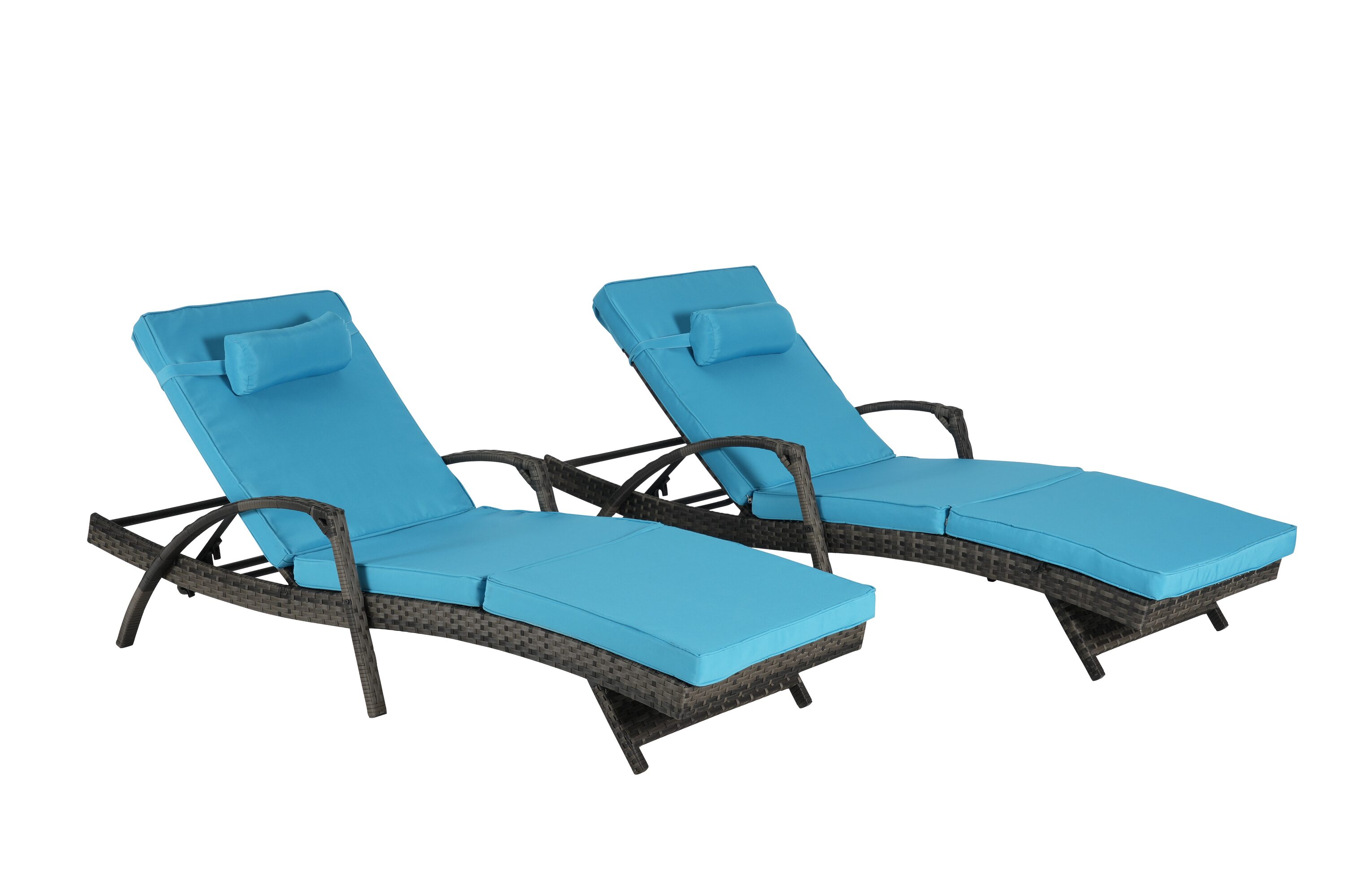 Maocao Hoom SH264732 Set of 2 Rattan Grey Metal Frame Stationary Chaise Lounge Chair with Blue Cushioned Seat