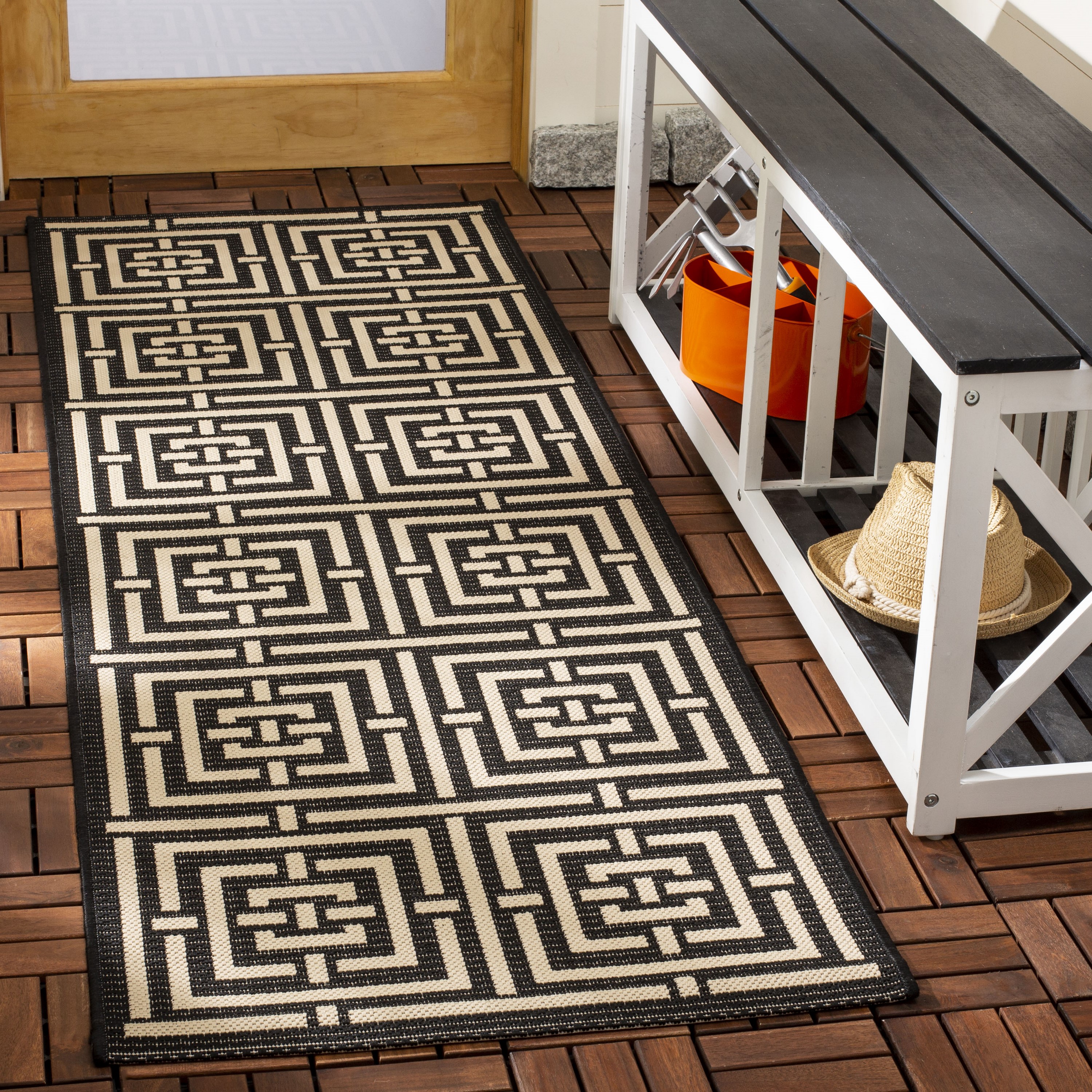 Black and Bone Geometric Synthetic Outdoor Runner Rug