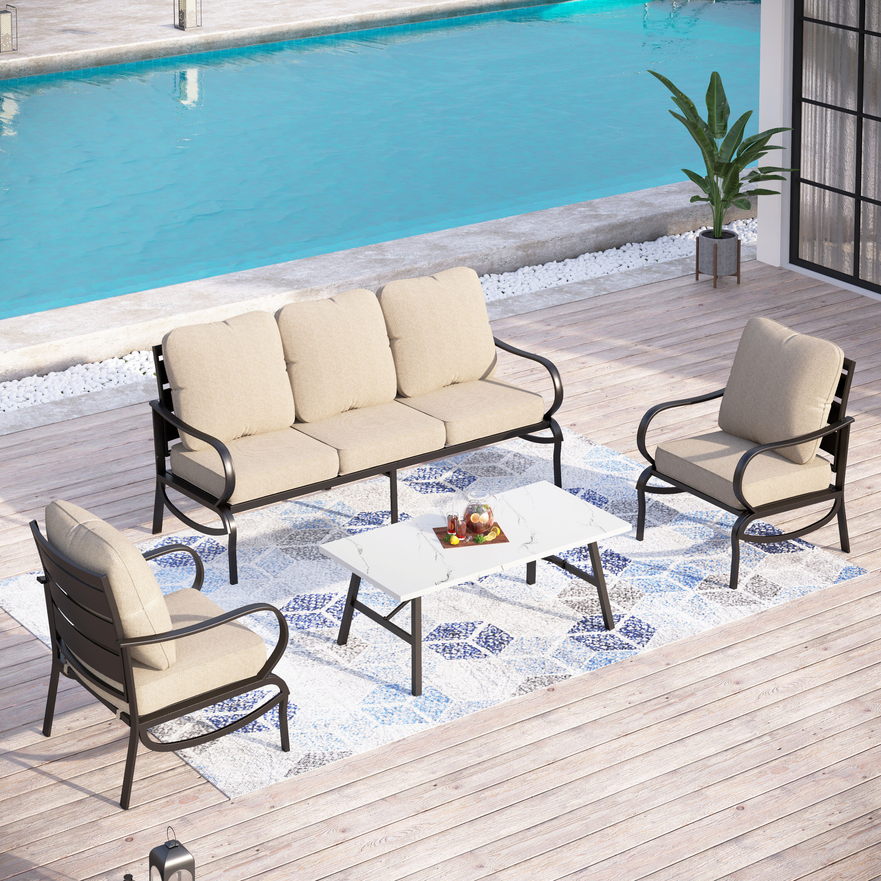 Sunshine Valley CP001-01-5 4-Piece Patio Sofa Conversation Set with Tan Cushion Pro Cushions