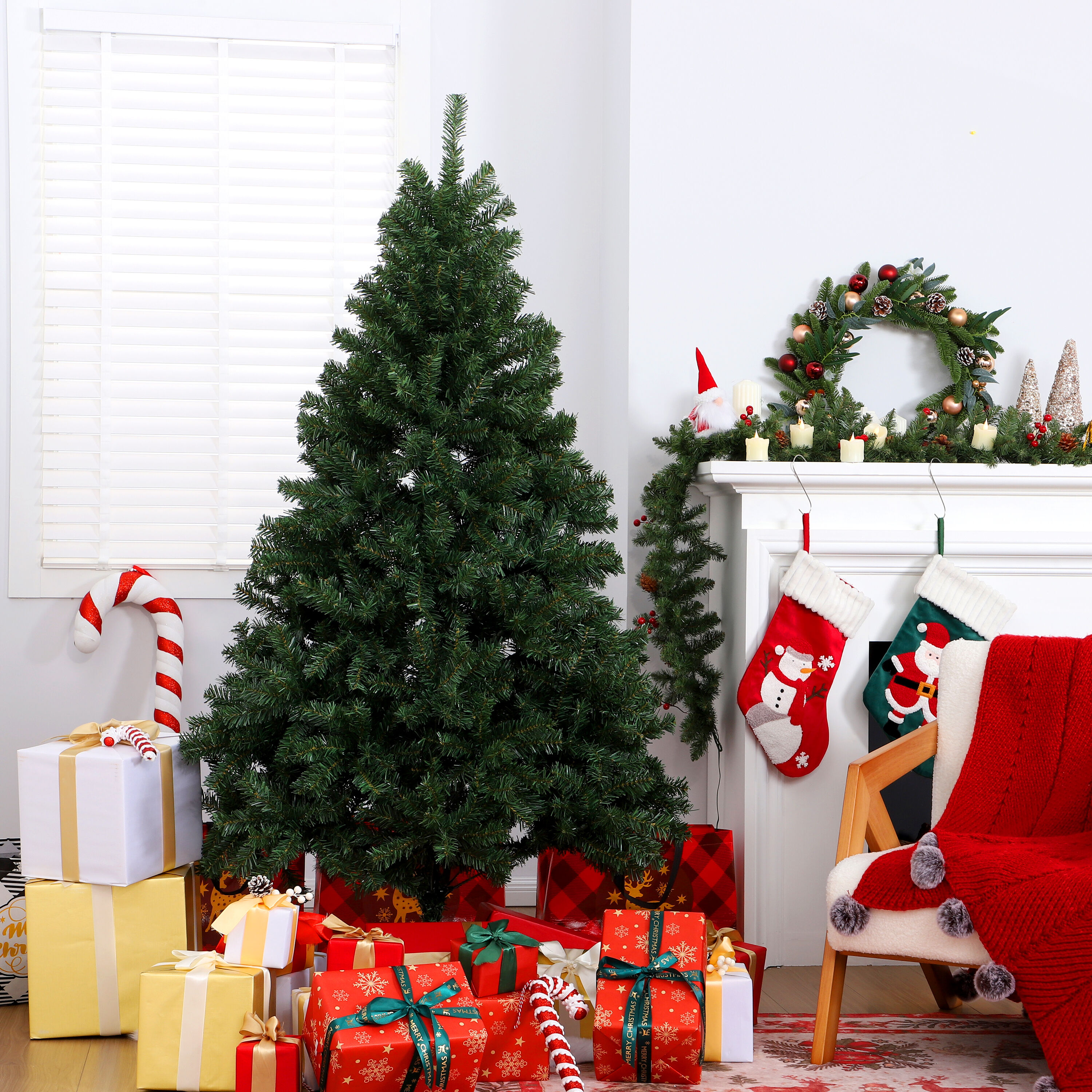 Joyfy  6ft Full Size Christmas Tree Green Artificial Xmas Tree with Hinged Branches Includes Metal Stand Gloves