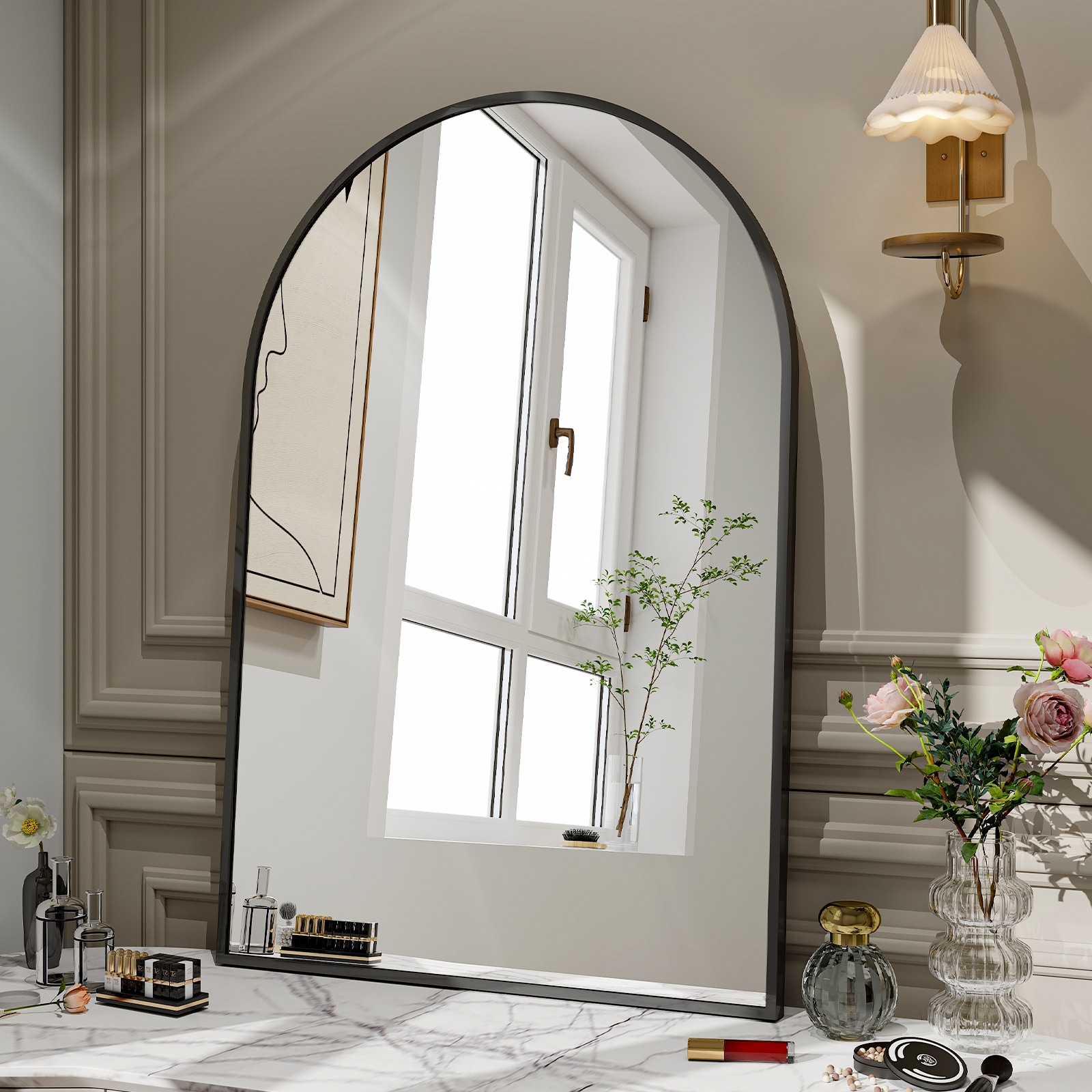 BEAUTYPEAK LS-GZ1758-B 17-Inches W x 58.0-Inches H Arch Black Framed Full Length Floor Mirror