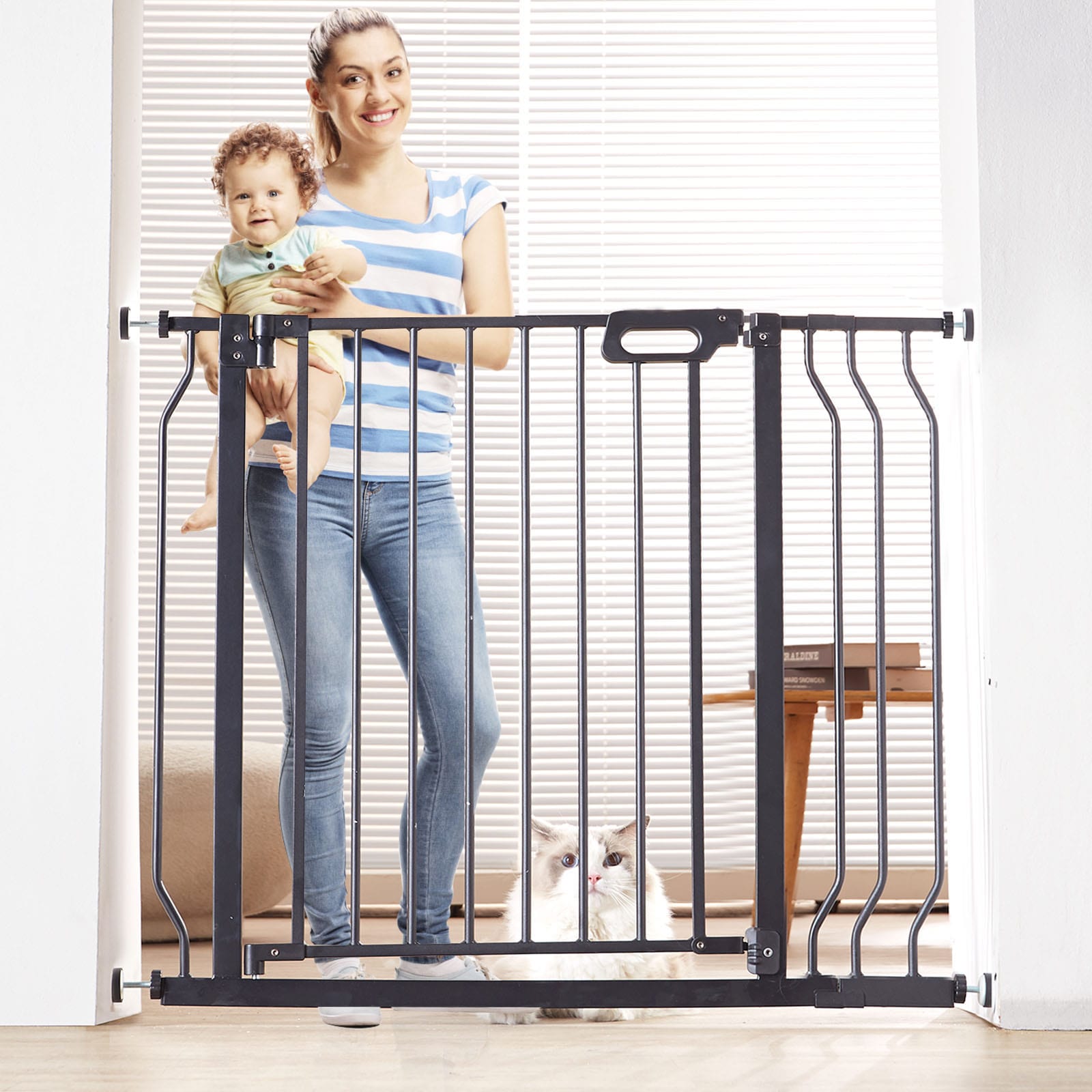 VEVOR SCLGXCWZLHS303510V0 Baby Gate  29.5in -37in  Extra Wide  30in  High  Dog Gate for Stairs Doorways and House  Easy Step Walk Thru Auto Close Child Gate Pet Security Gate with Pressure Mount Kit and Wall Mount Kit  Black