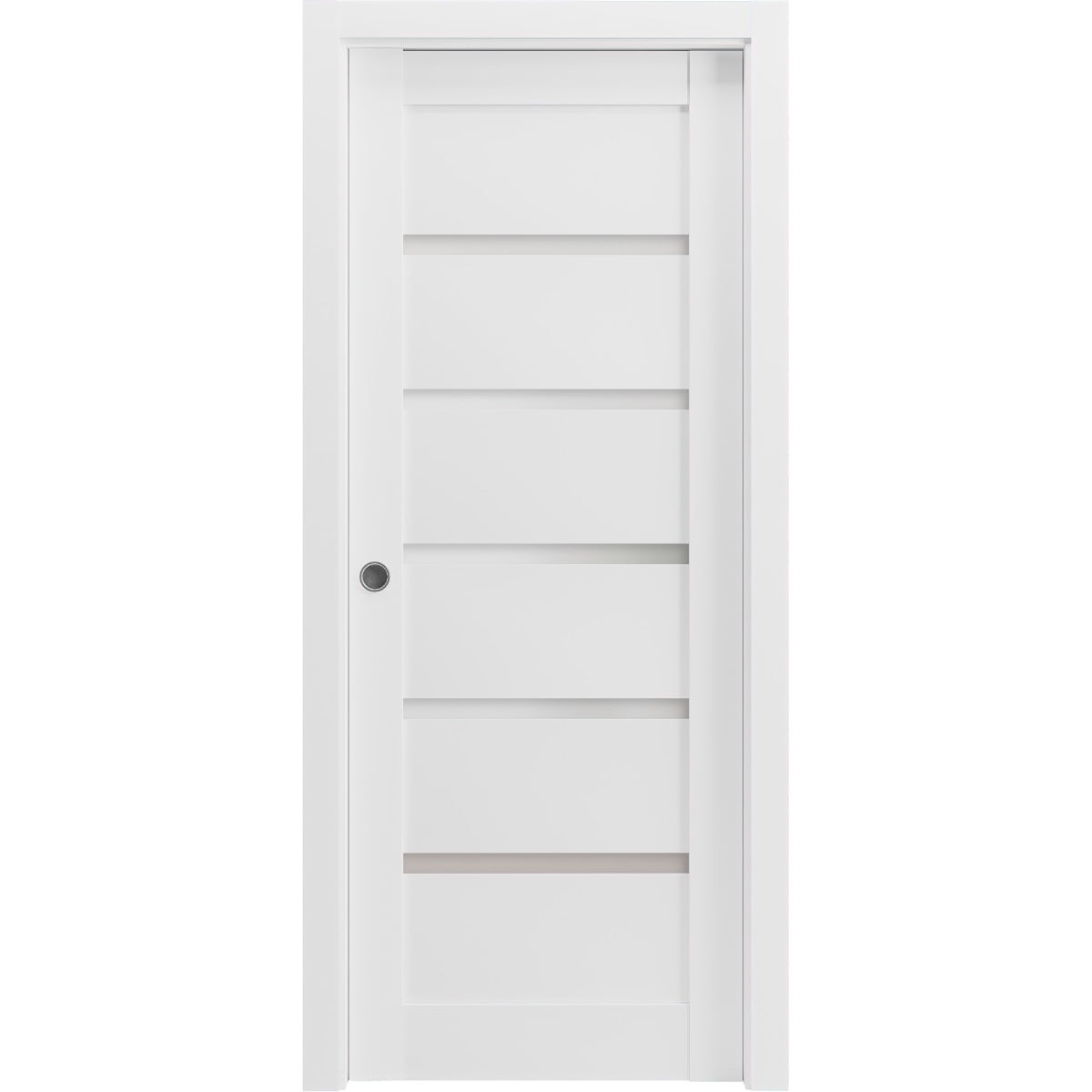 SARTODOORS Panel Lite Pocket Door 18 x 80 with Frames - Quadro 4117 White Silk with Frosted Opaque Glass - Kit Trims Rail Hardware - Solid Wood Interior Pantry Kitchen Bedroom Sliding Closet Sturdy Doors