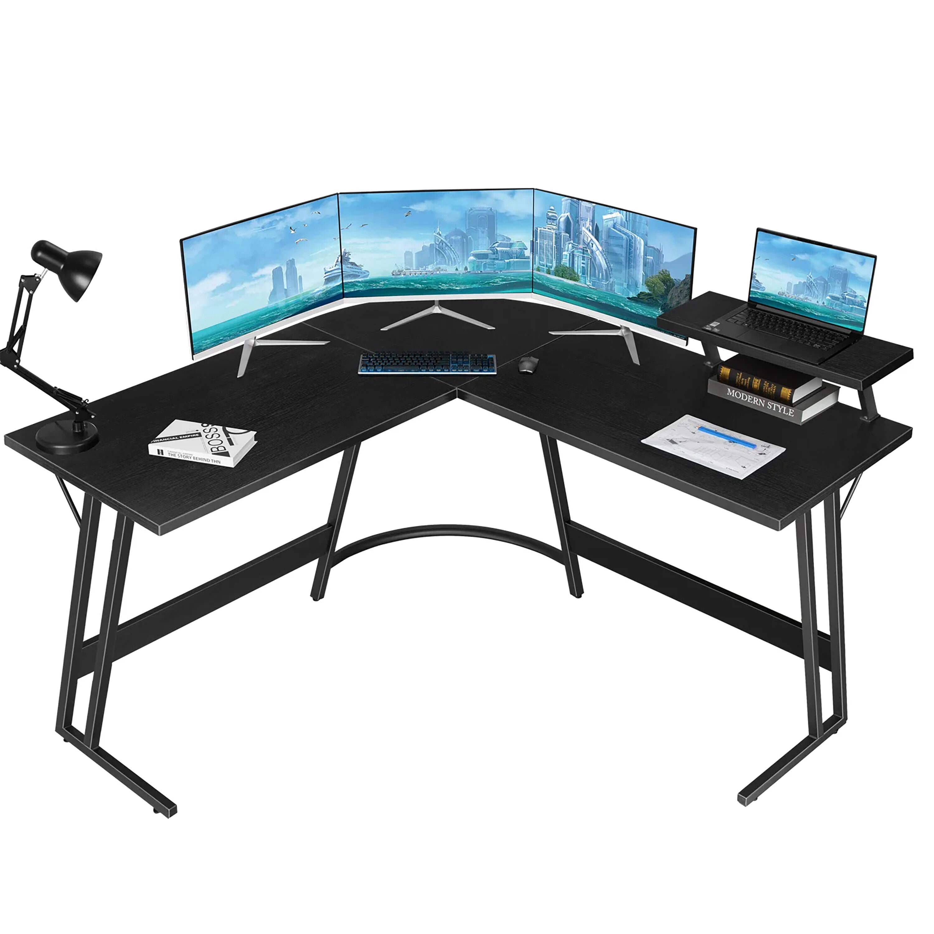 66 L Shaped Desk with Hutch, 66 inch Corner Computer Desks with Keyboard  Tray, Large Home Office Gaming Desk with Storage Shelf, Student Kids Study  Workstation, Simple Assembly, Black 