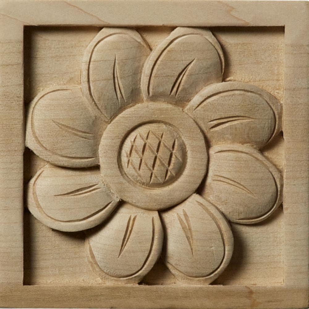 Ekena Millwork ROS03X03X01SFAL Medium Sunflower 3.5-Inches x 3.5-Inches Square Unfinished Alder Wood Rosette