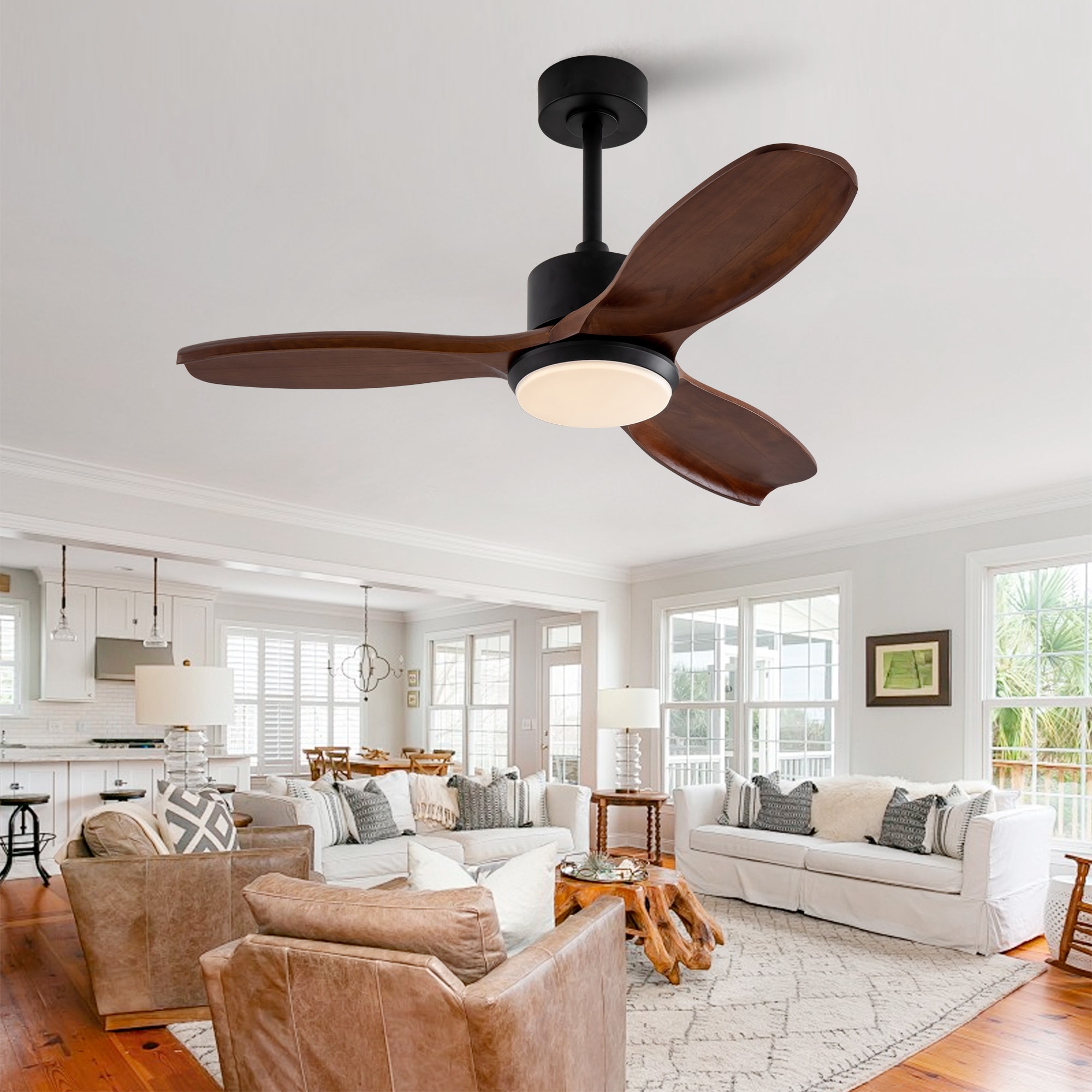 YOTOO 42 Inch Matte Black and Dark Walnut Solid Wood 3-Blade Ceiling Fan with Light 3 Color Dimmable LED 6 Speeds Reversible DC Motor with 5 and 10 inch Downrods for Bedroom Living Room
