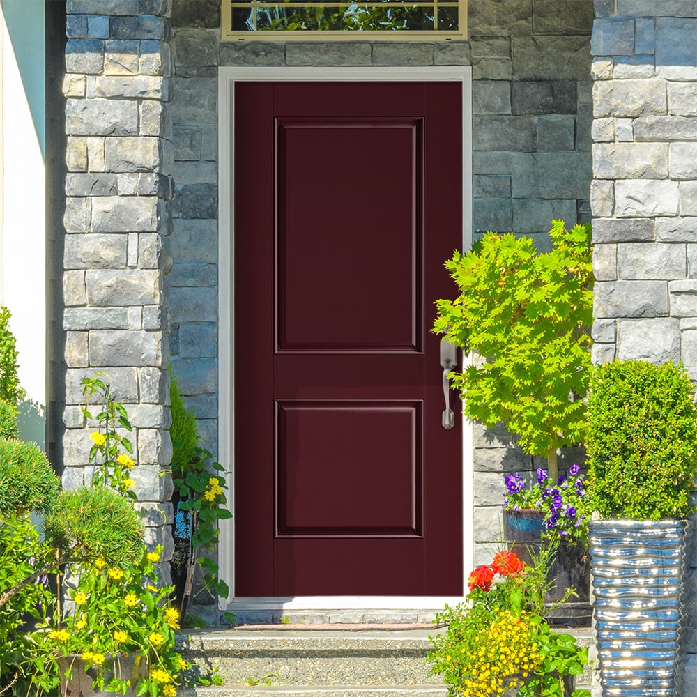 Masonite 1218157 36-in x 80-in x 4-9/16-in Fiberglass No glass Left-hand inswing Currant Painted Prehung Front Door with Brickmould Insulating core