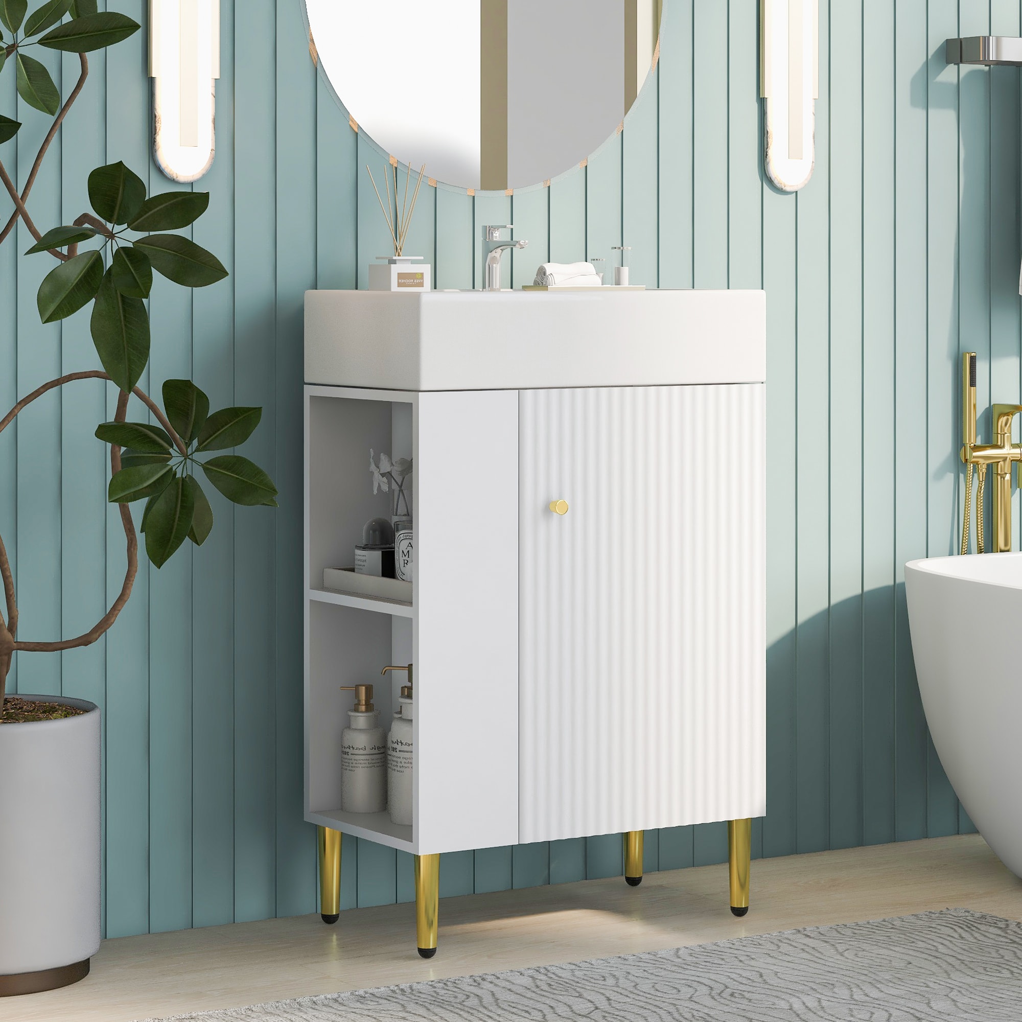 Tatayosi - White Bathroom vanity Combo Cabinet Bathroom Storage Cabinet Single Ceramic Sink Left ...