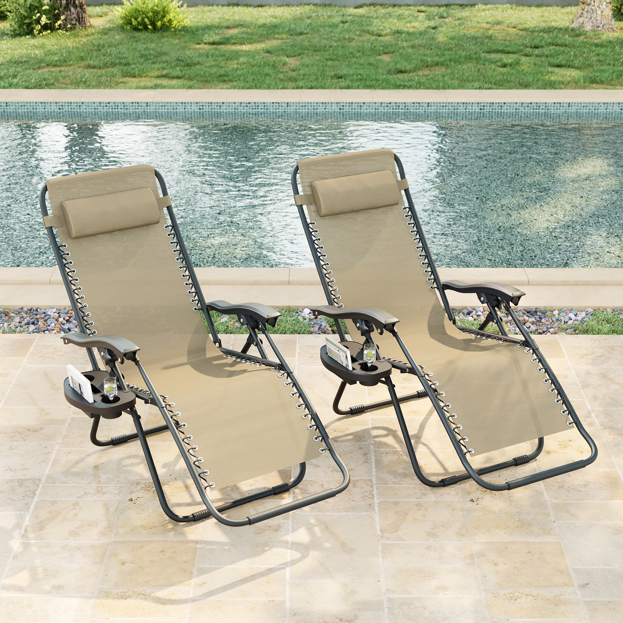 ACEGOSES LW-LF002BG Zero Gravity Chair Set of 2 Beige Metal Frame Stationary Zero Gravity Chair with Tan Sling Seat