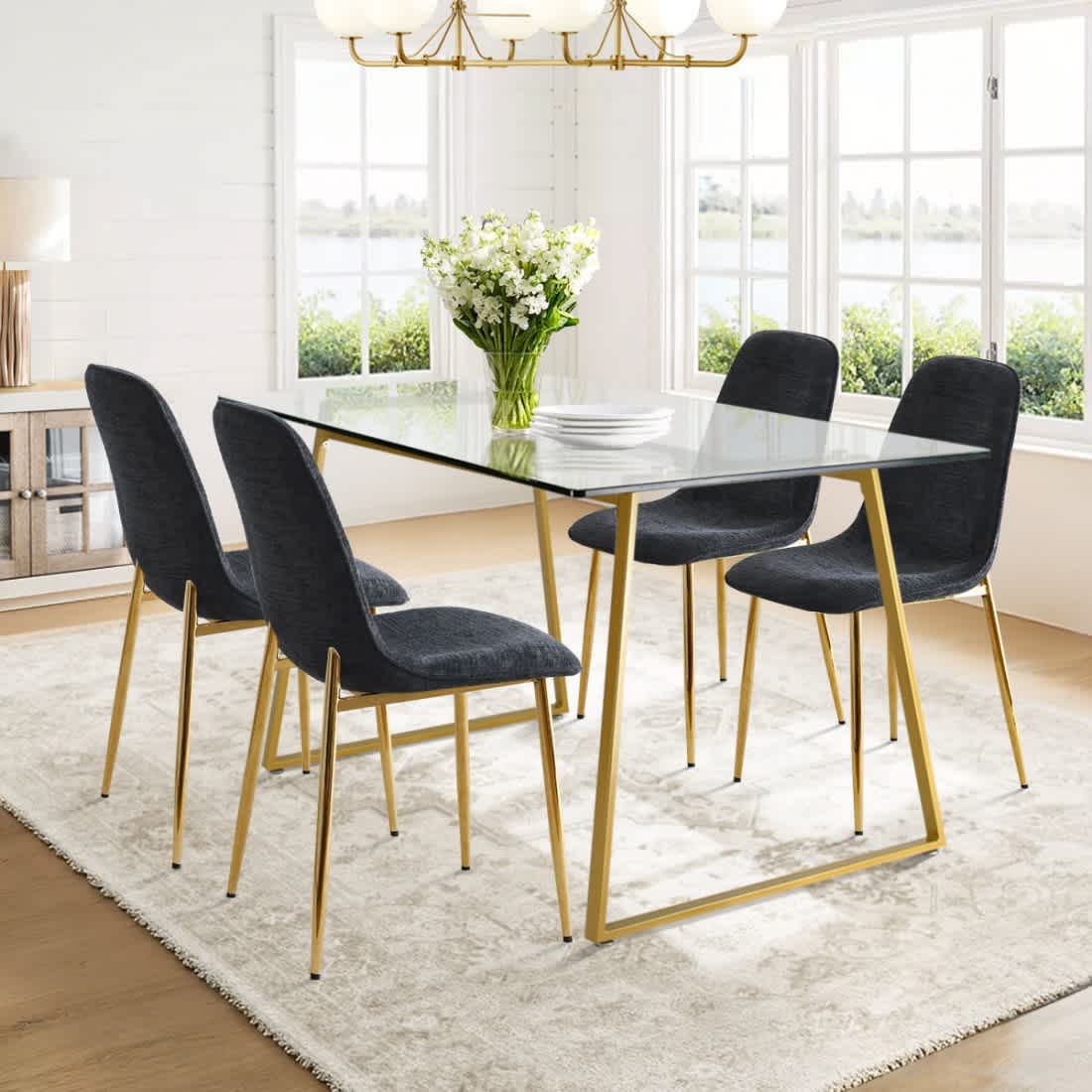 Maison Boucle MONA+OSLO-BLACK-4 5 Piece Modern Dining Set with Glass Table and 4 Black Chairs Gold Legs Ideal for Small Spaces