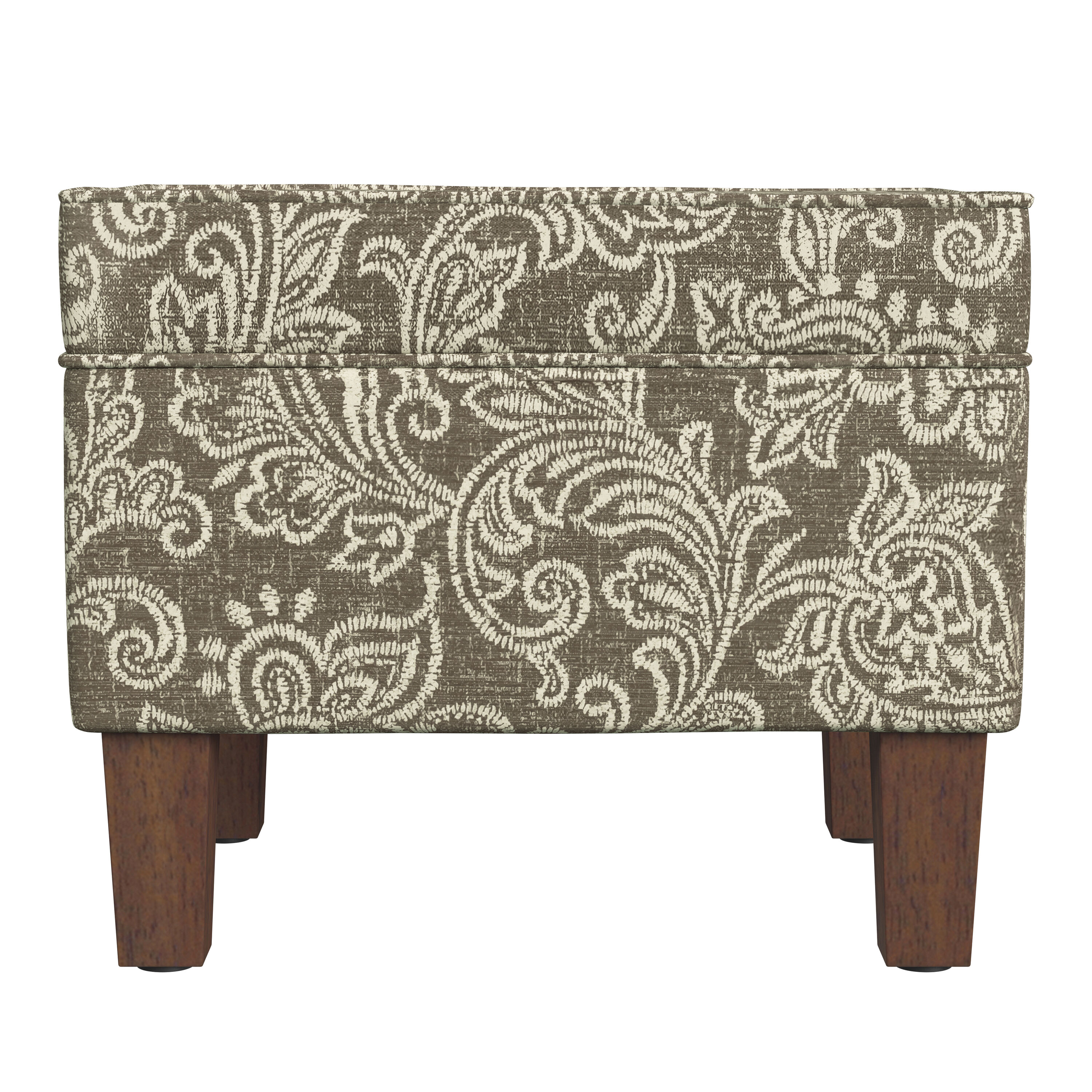 Brown Jacobean Print Upholstered Storage Ottoman with Hinged Lid
