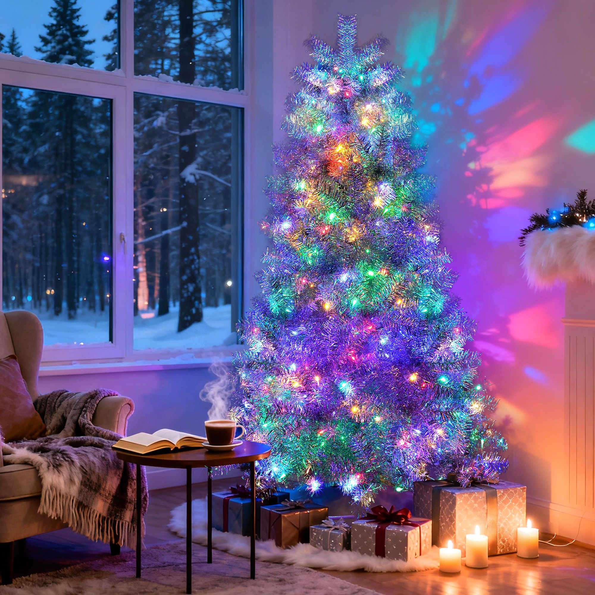 OBERSTER 6FT Sliver Pre Lit Artificial Christmas Tree Hinged Full Tree with Metal Stand 800 Branch Tips 300 LED Lights Lighting Modes Holiday Decoration Tree for Indoor and Outdoor