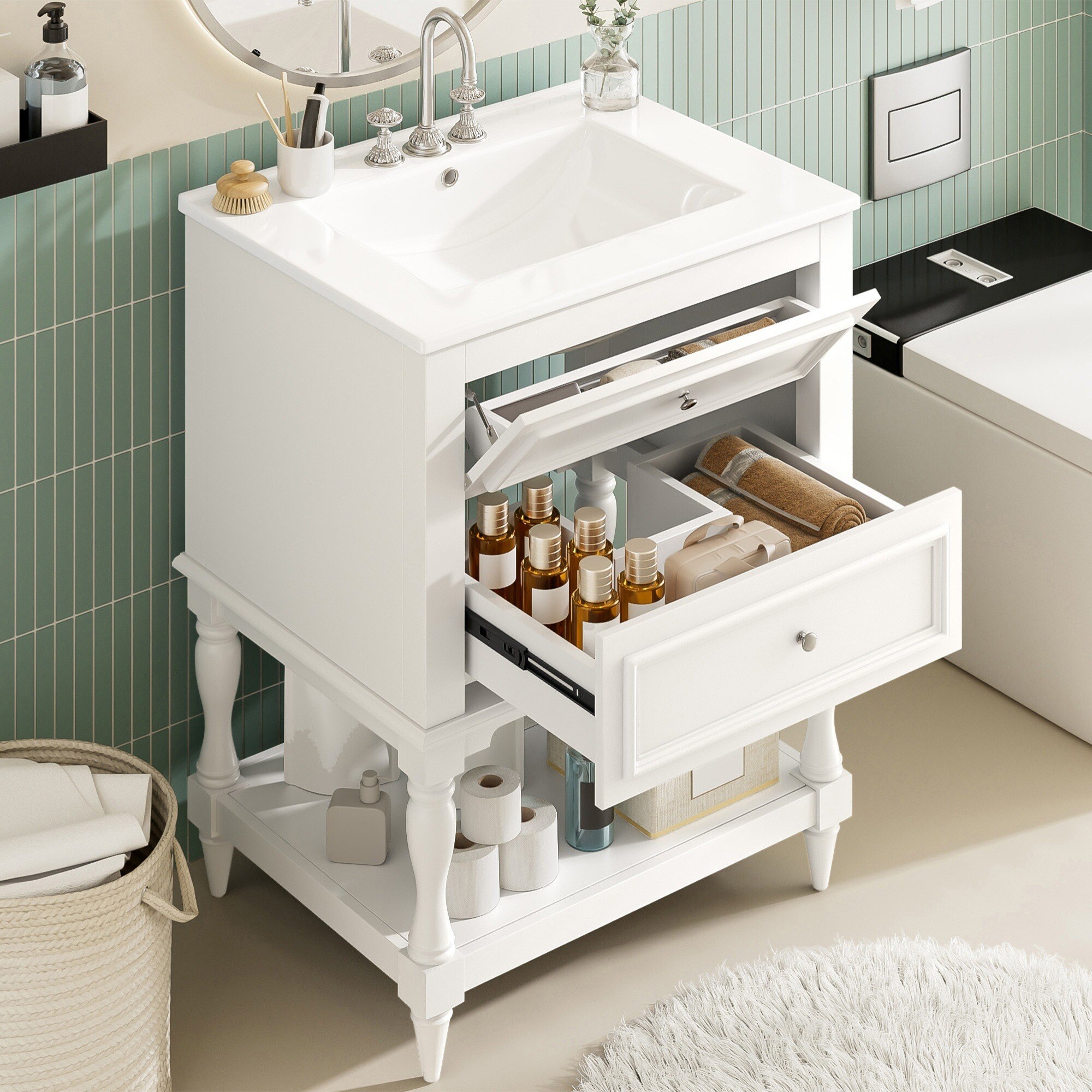 IAK - 24 inch White Ceramic Sink Bathroom Vanity with Open Shelf and 2 Drawers