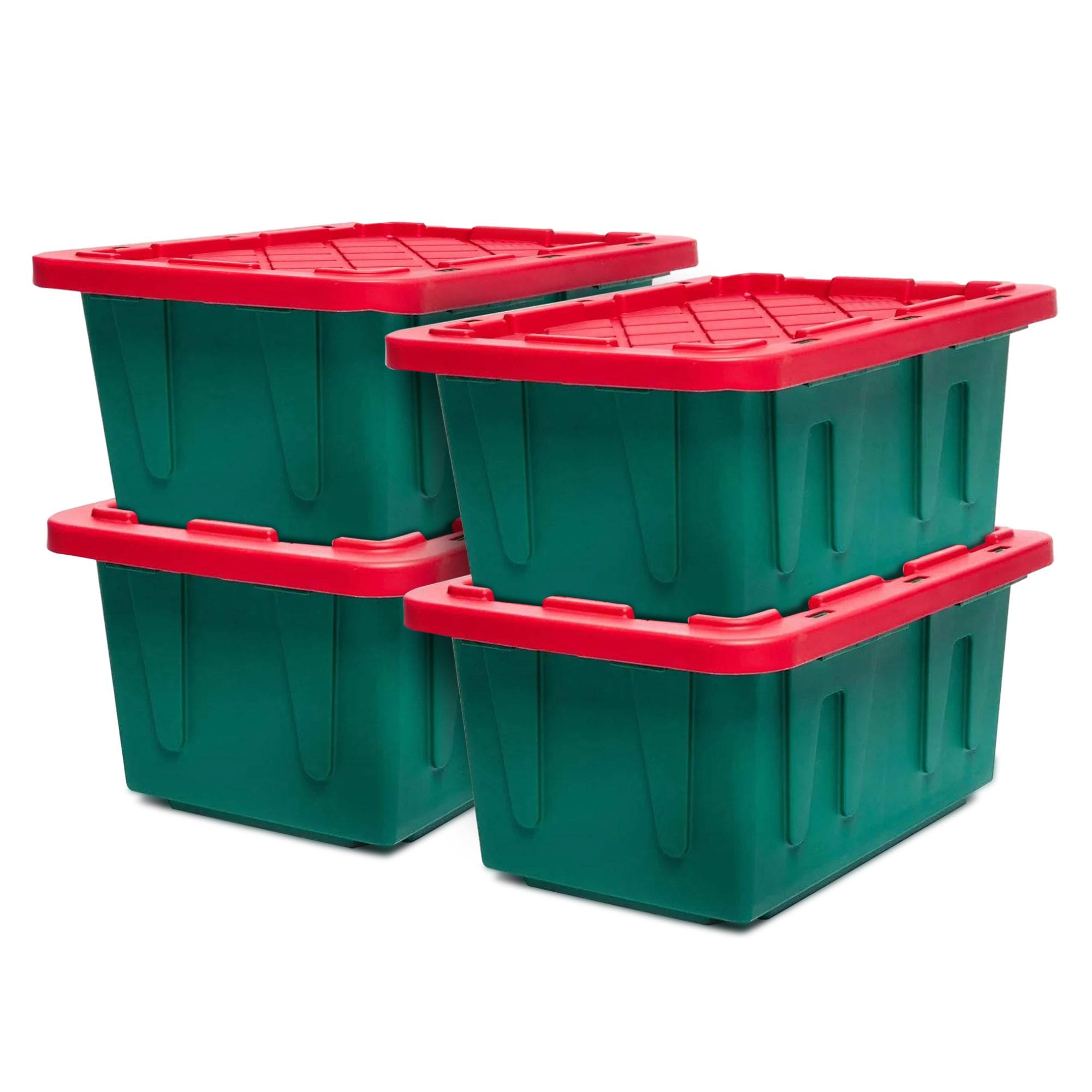 Homz Products 316829 4 -Pack Large 15 -Gallons ( 60 -Quarts ) Green Base/Red Lid Heavy Duty Stackable Tote with Latching Lid