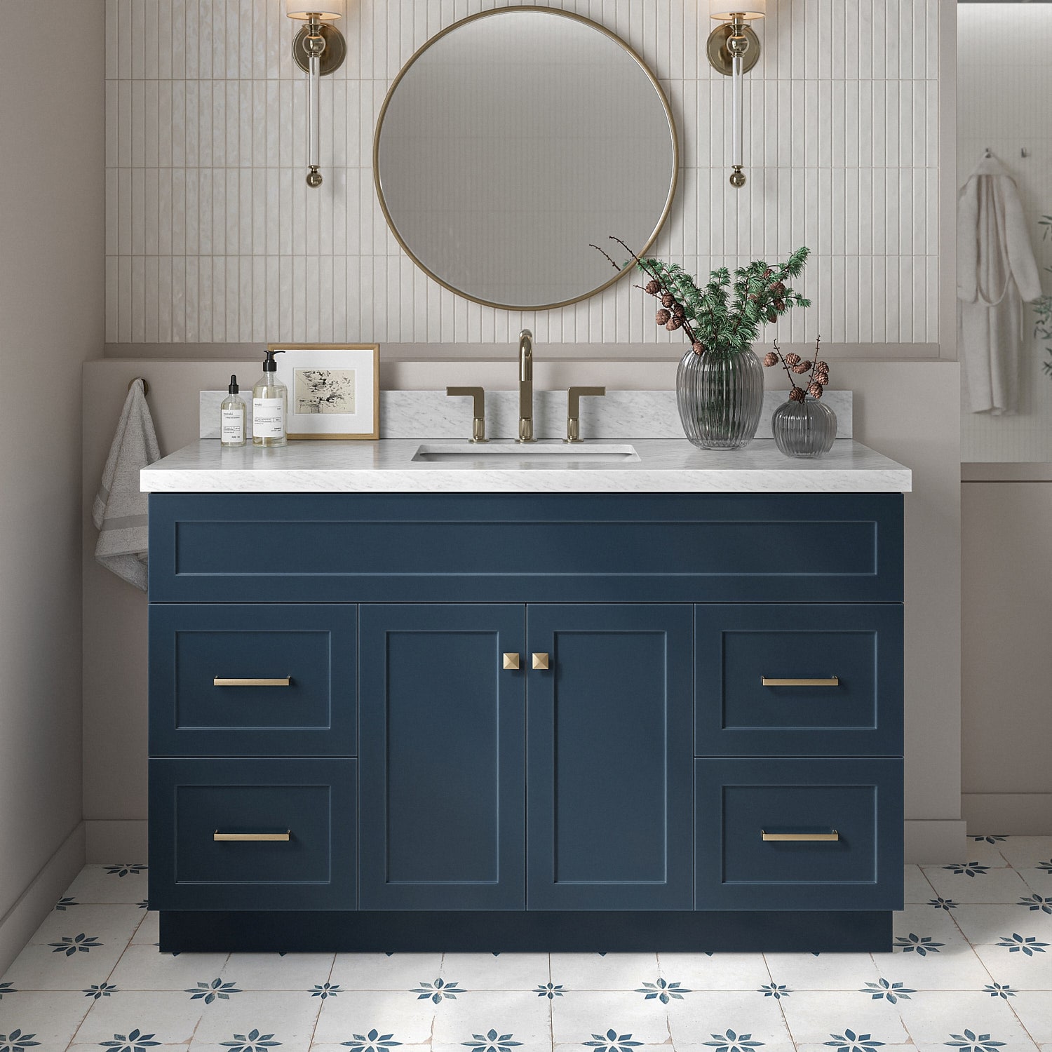 ARIEL F055SCWRVOMNB Hamlet 55-in Midnight Blue Undermount Single sink Bathroom Vanity with Carrara White Marble Marble Top