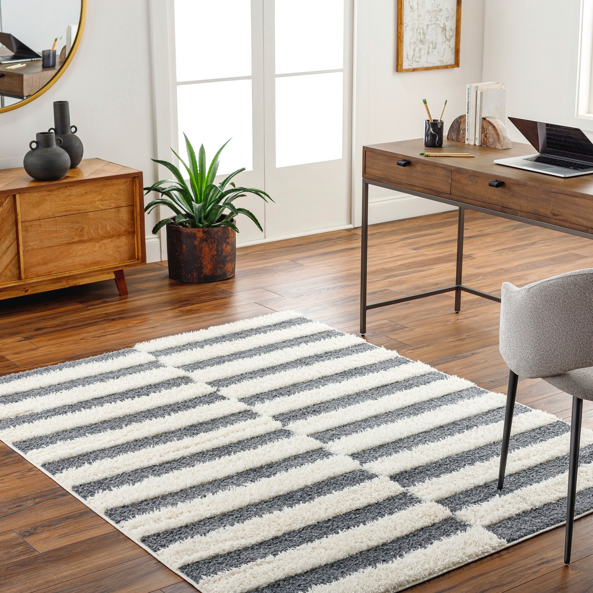 Livabliss RDO2325-71010 Rodos 8 x 10 (ft) Polyester Charcoal Rectangular Indoor Stripe Bohemian/Eclectic Area rug