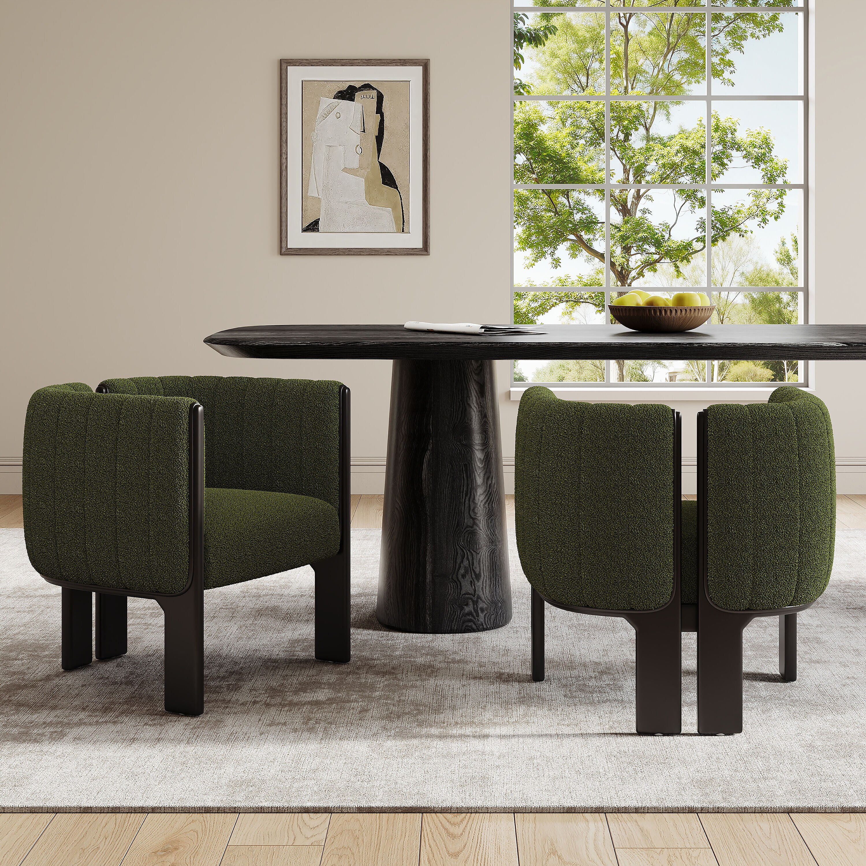 LOVMOR SF-J-N779P341494G Dining Chairs Set of 2 Modern Stylish Seating with Black Rubber Wood Frame and Olive Green Boucle Fabric 225lbs Capacity for Dining Area Living Space