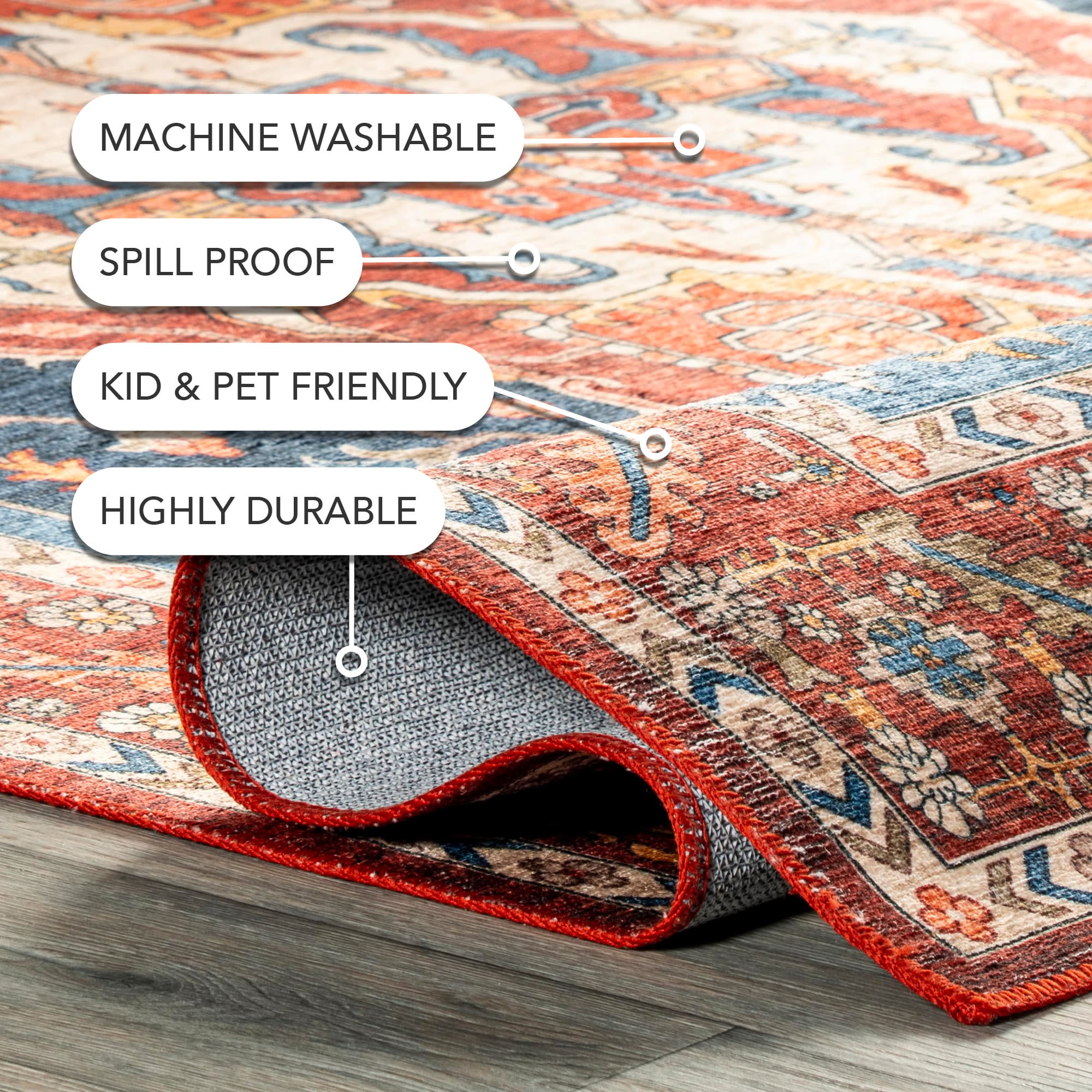 Hera Blue and Red Medallion Washable Synthetic Area Rug