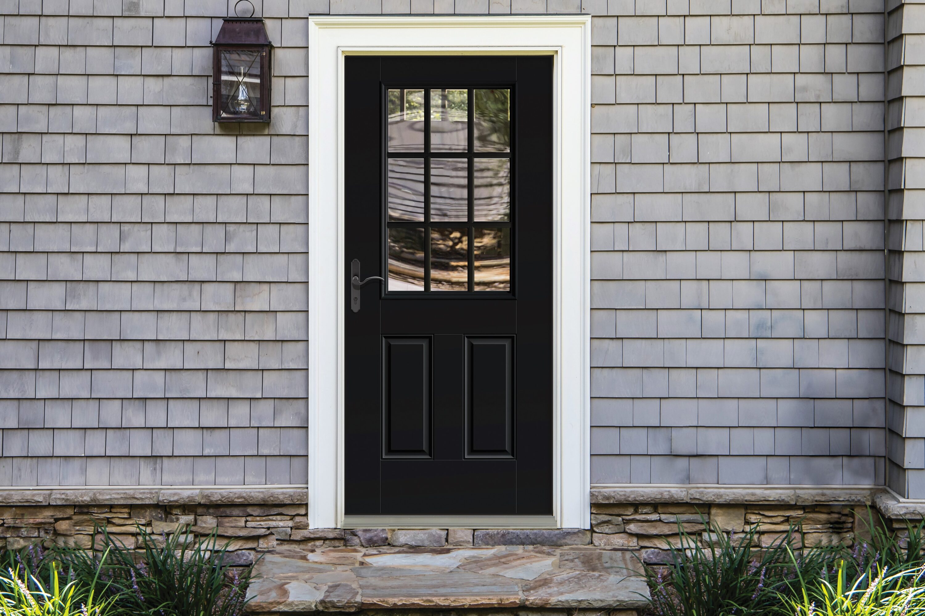 Therma-Tru 36-in x 80-in x 4-9/16-in Fiberglass Half Lite Right-Hand Inswing Ready To Paint Prehung Front Door Insulating Core with Grills
