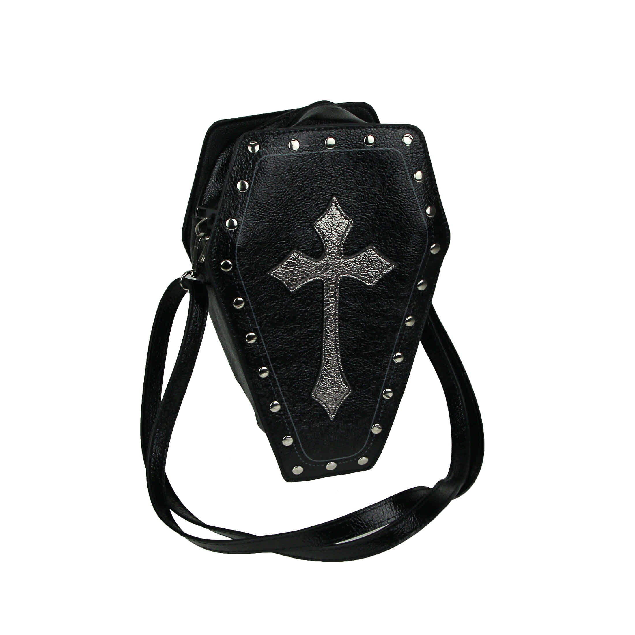 Things2Die4 CM-81320UB Black Vinyl Gothic Crossbody Coffin Purse Silver Cross Zip Closed Shoulder Bag