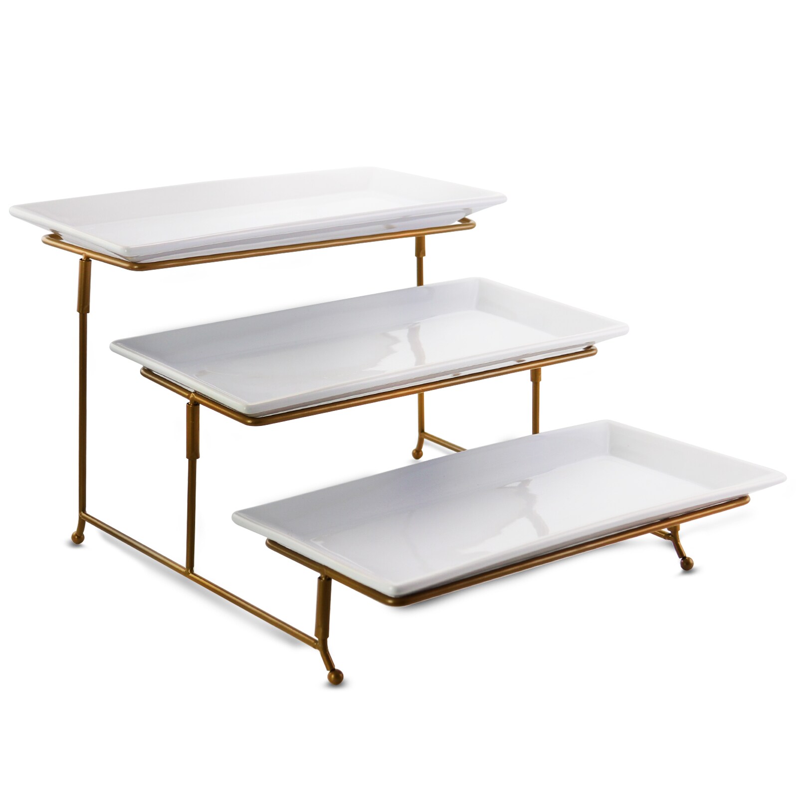 Gibson Elite 849112161M Gracious Dining 3 Tiered Rectangle Porcelain Plate Set with Gold Metal Stand