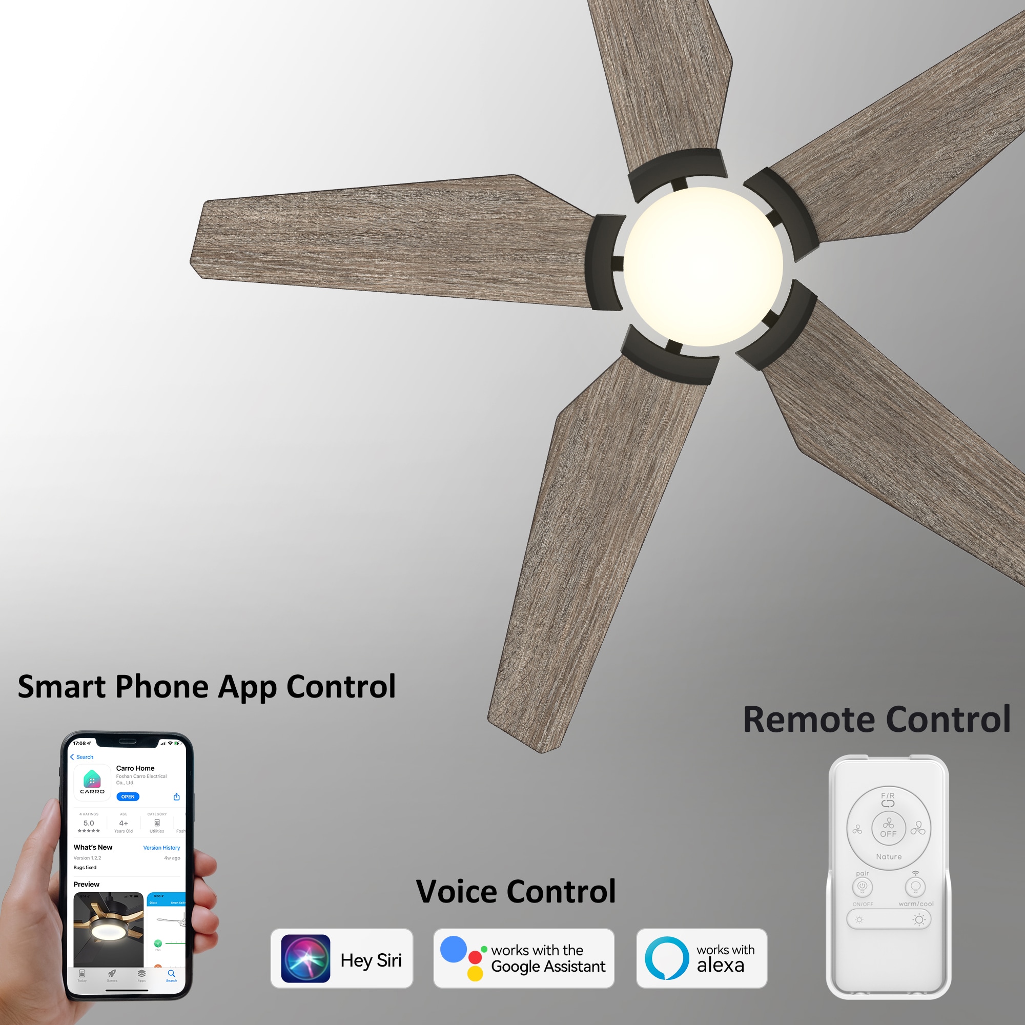 CARRO USA Voyager 52-in Black with Wooden Blades Indoor/Outdoor Flush Mount Smart Ceiling Fan with Light and Remote (5-Blade) LS525B-L22-BS-1-FM Sansujyuku sansujyuku.com