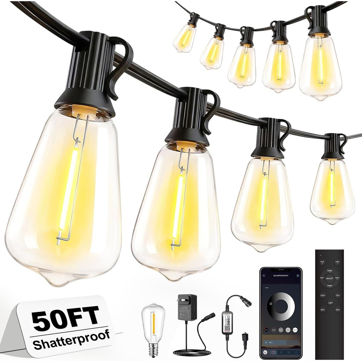 ZXQJRAQ 50 ft Outdoor Waterproof LED String Lights with Remote and App ...