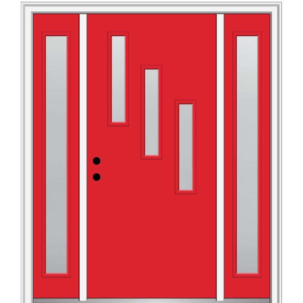 MMI DOOR ZZ350814R Spotlights 60-in x 80-in x 6-9/16-in Fiberglass Pulse lite Right-hand inswing Red Saffron Painted Prehung Front Door with Sidelights with Brickmould Insulating core