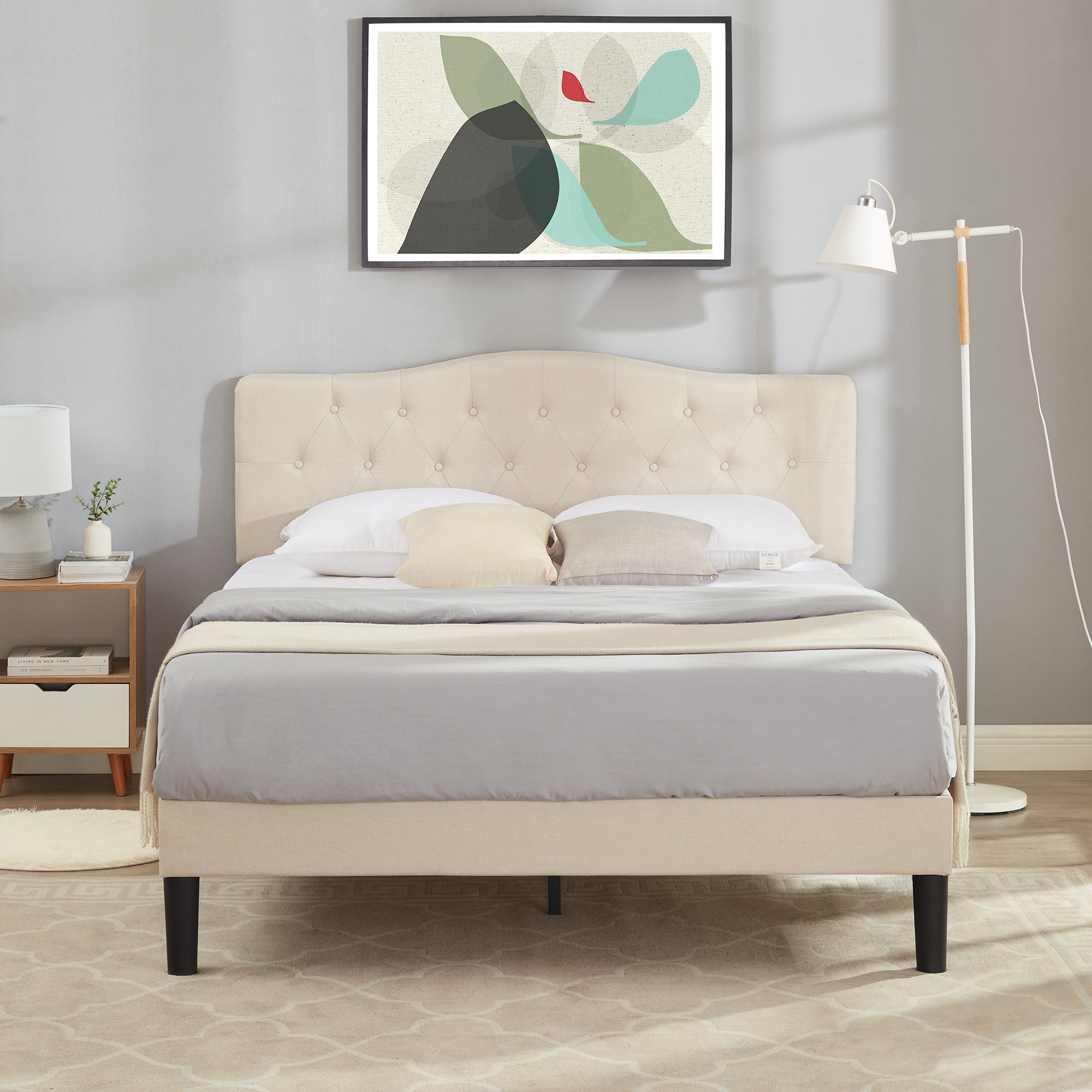 Vecelo LOE-BTJ-RQ04-BGE Queen Size Bed Frame Upholstered Platform with Adjustable Headboard Easy Assembly Beige