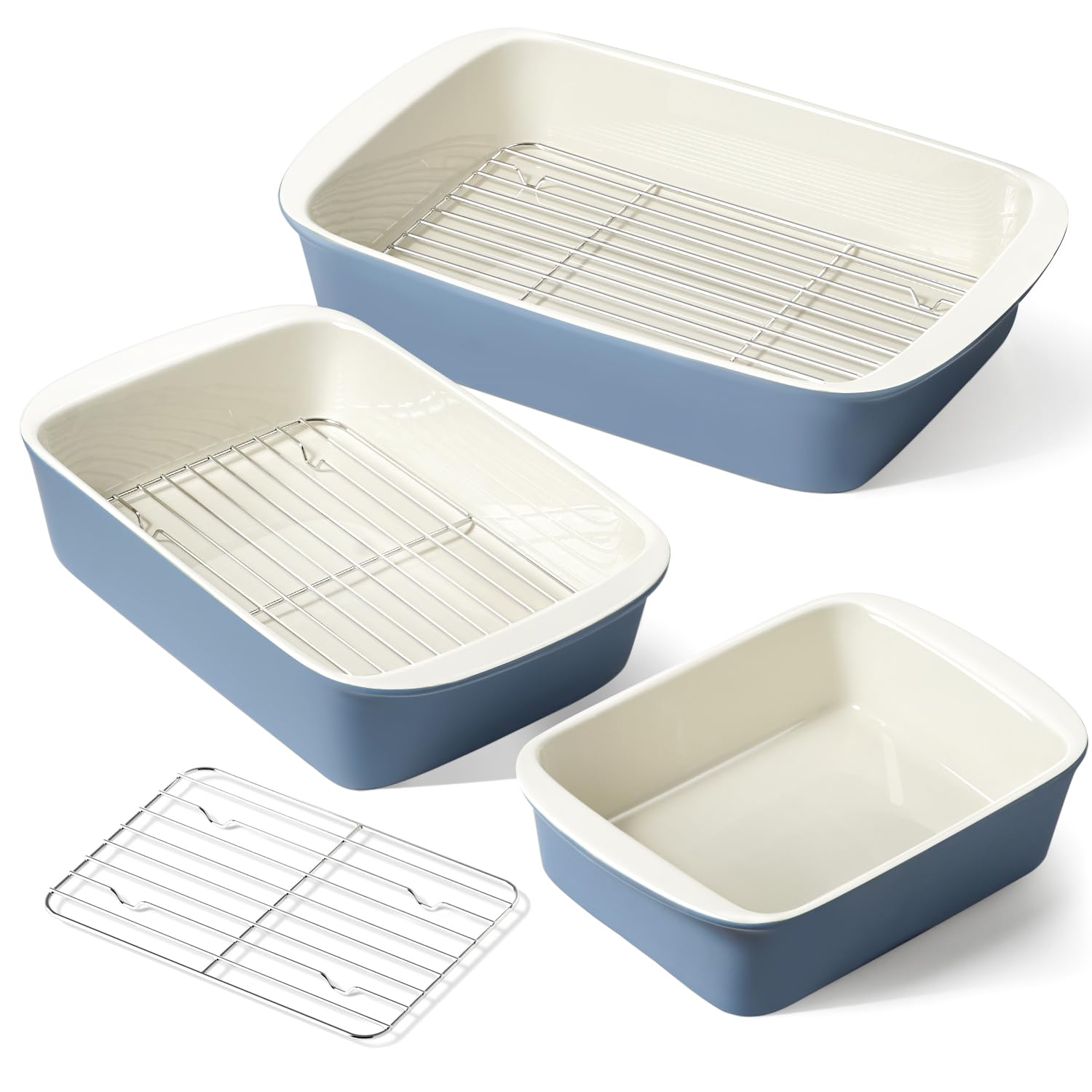 CHEFMADE 3-Piece Ceramic Casserole Dish Set with Roasting Racks and Handles Oven Safe to 500F Rectangular Bakeware 4.6QT 3.0QT and 1.6QT Nesting Lasagna Pans