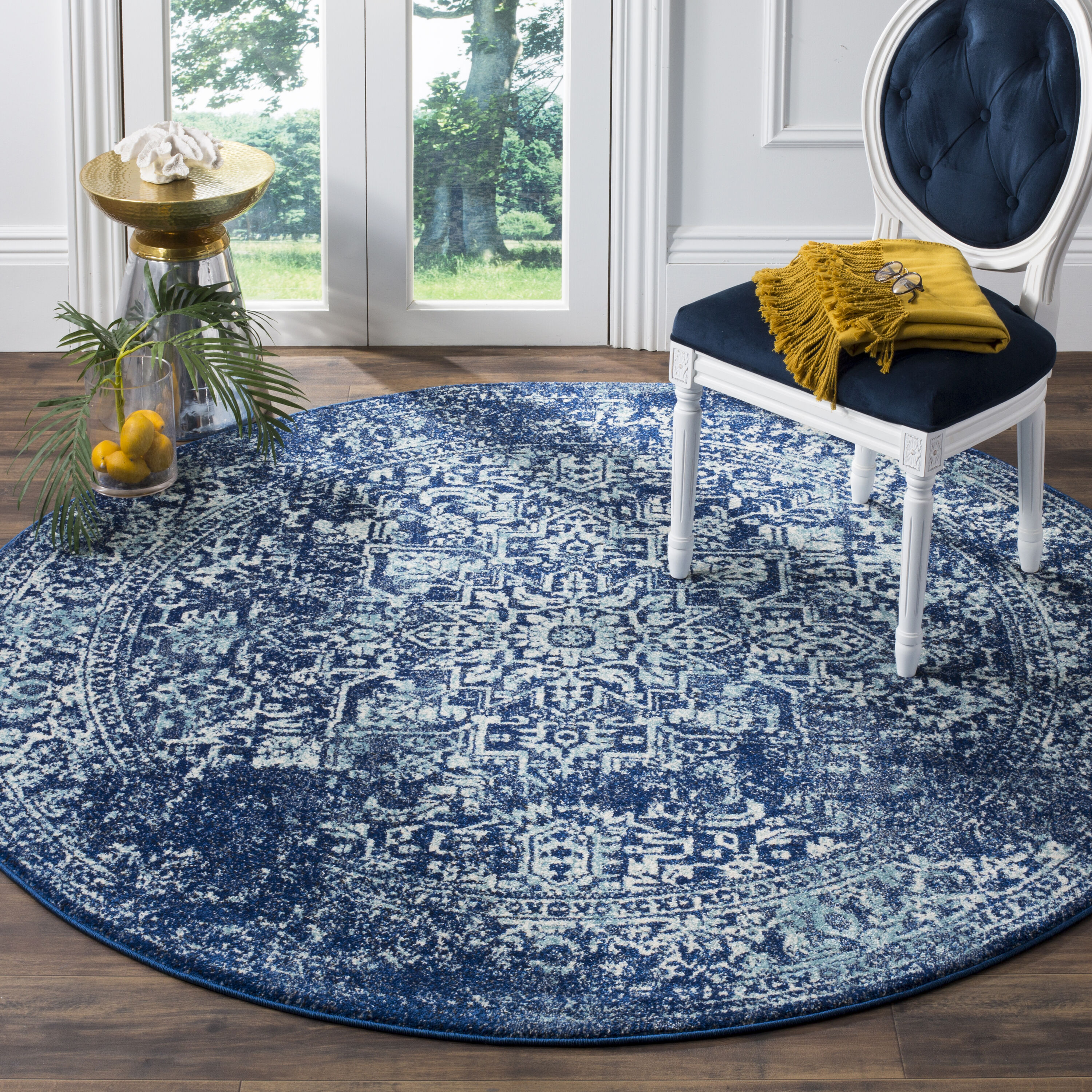 Safavieh Evoke Isla 9 x 9 Navy/Ivory Round Indoor Distressed/Overdyed ...