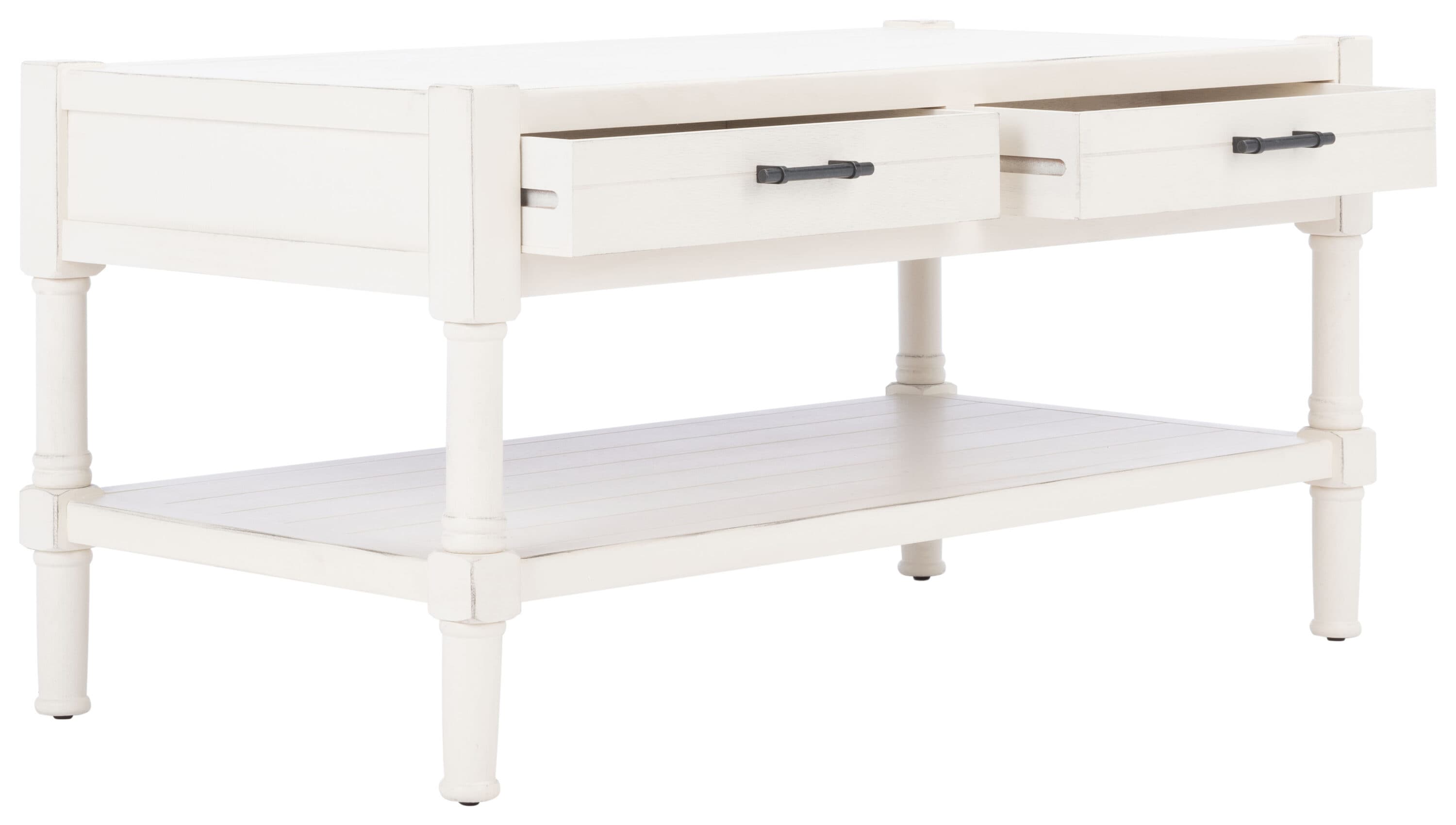Distressed White Rectangular Wood Coffee Table with Storage