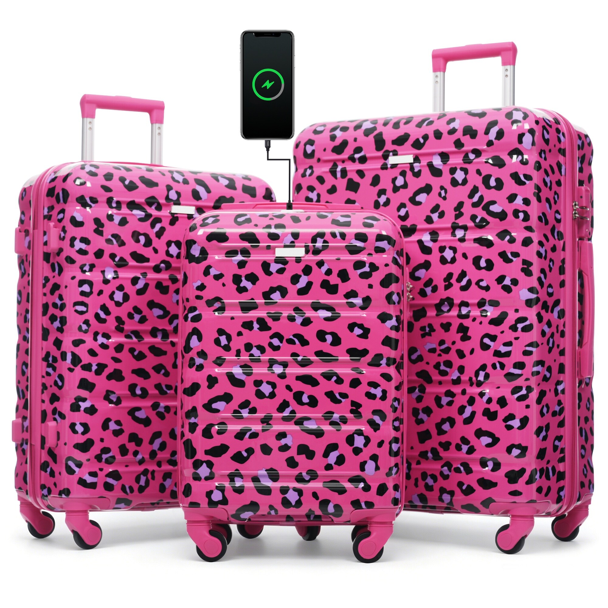 MooxvMoo - Luggage Set of 3 Suitcase with Spinner Wheels (Pink)
